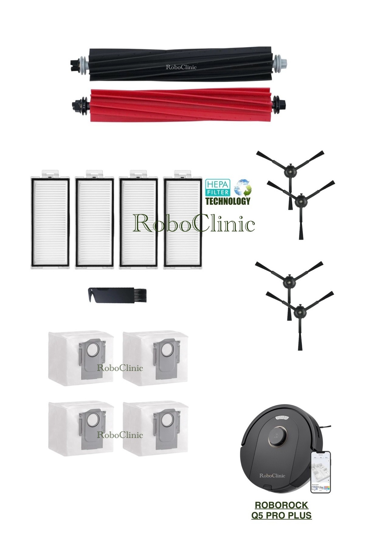 Roborock Q5 Pro Plus Robot Vacuum Cleaner Compatible Dust Bag, Brush, Hepa Filter Set-15 Pieces