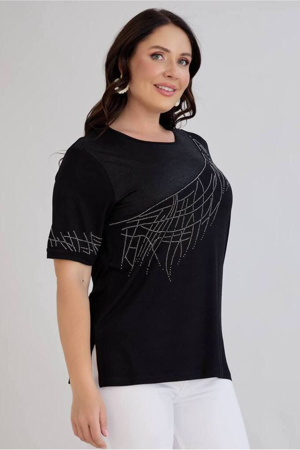 FOR ESRA BIG TREND-Women's Large Bedem Top Faux Leather Look Patterned Stone Print Detail Side Slit Stretchy Short Sleeve Blouse 6
