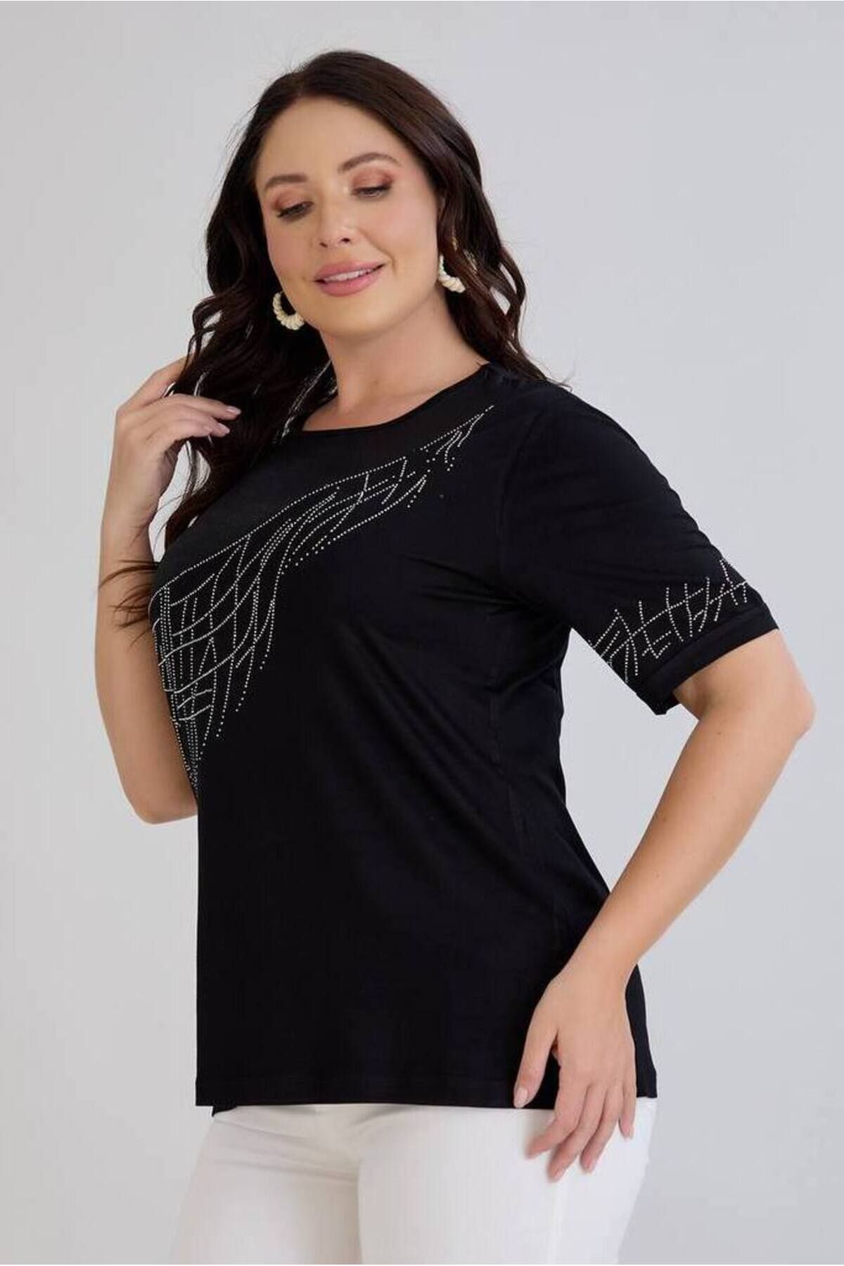 FOR ESRA BIG TREND-Women's Large Bedem Top Faux Leather Look Patterned Stone Print Detail Side Slit Stretchy Short Sleeve Blouse 7