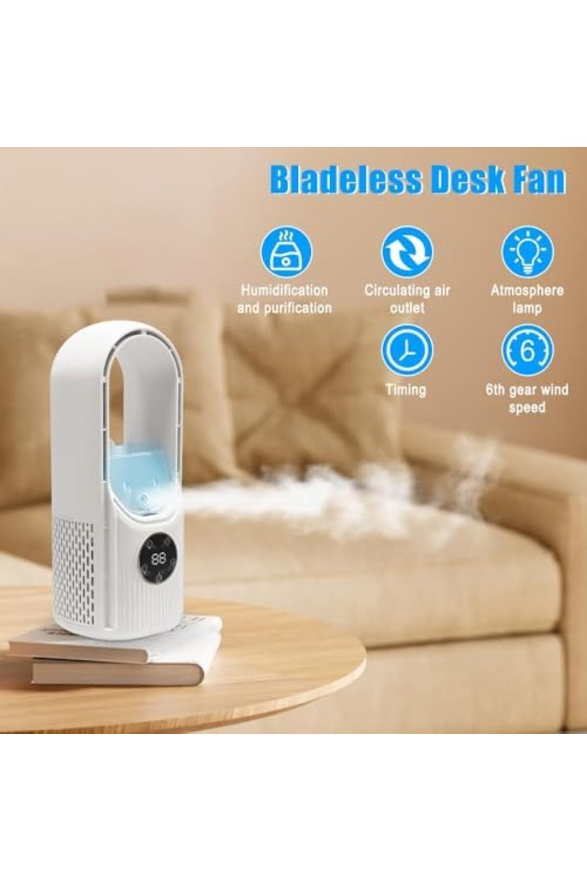 NECOMI-Bladeless Fan, Portable Fan with 6 Speeds, Small Personal Cooling with Humidifier with LED Li 3