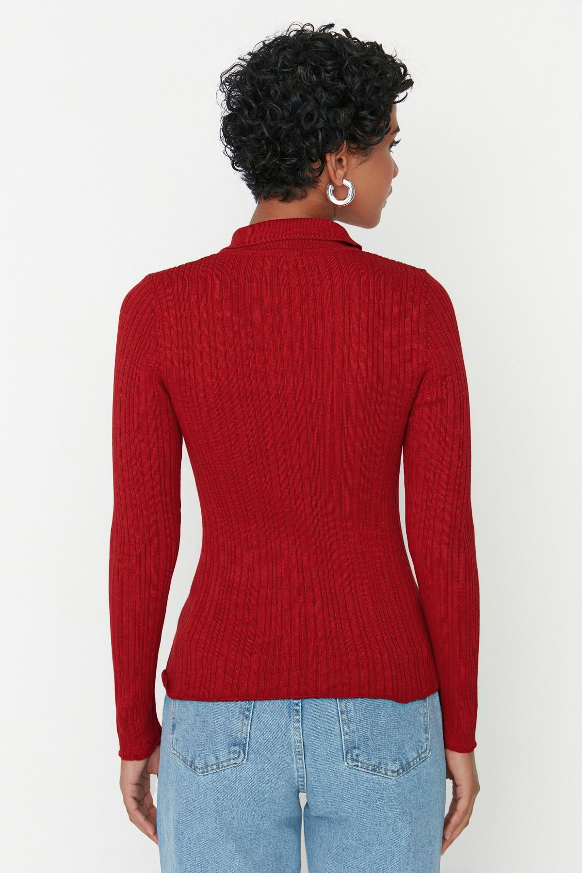 Trendyolmilla  Bordo Merserize Görünümlü Fitilli Polo Yaka Triko Hırka TWOAW20HI0070 - Görsel 5