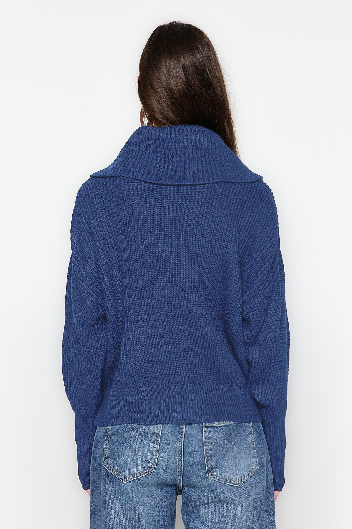 Trendyolmilla  Indigo Geniş Kalıp Devrik Yaka Fermuarlı Triko Hırka TWOAW24HI00072 - Görsel 6