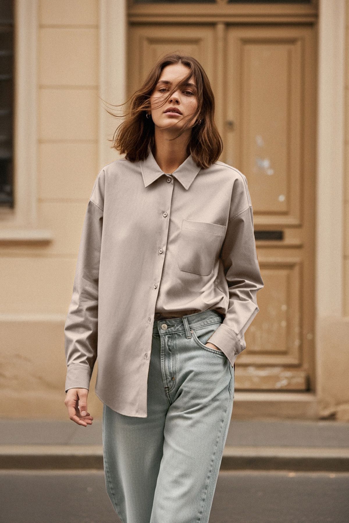 Trendyol Collection Mink Single Pocket Boyfriend/Wide Fit pamut szőtt ing TWOAW20GO0115