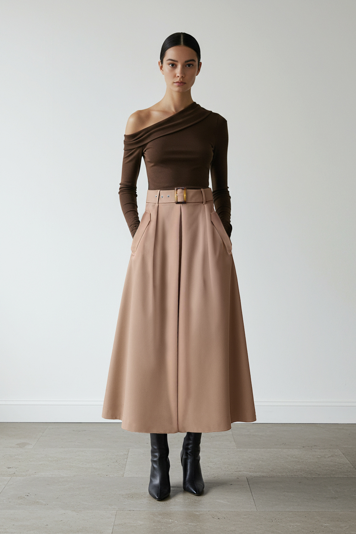 Trendyol Collection Beżowa spódnica midi z paskiem TWOAW26ET00034