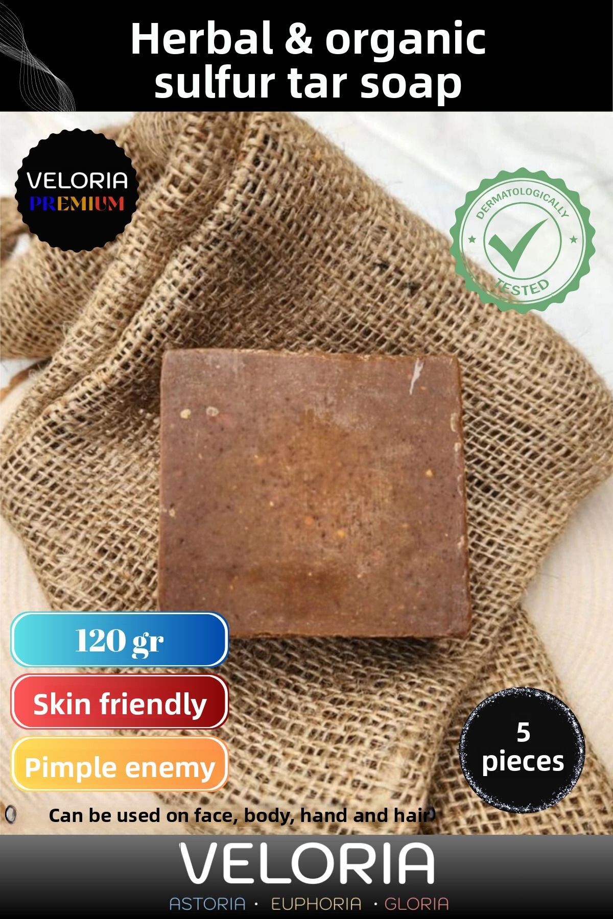 Veloria-Premium 100% Natural Organic Facial Hair Body Skin Balancing Beautifully Scented Sulfur Tar Soap 5 Pieces 1