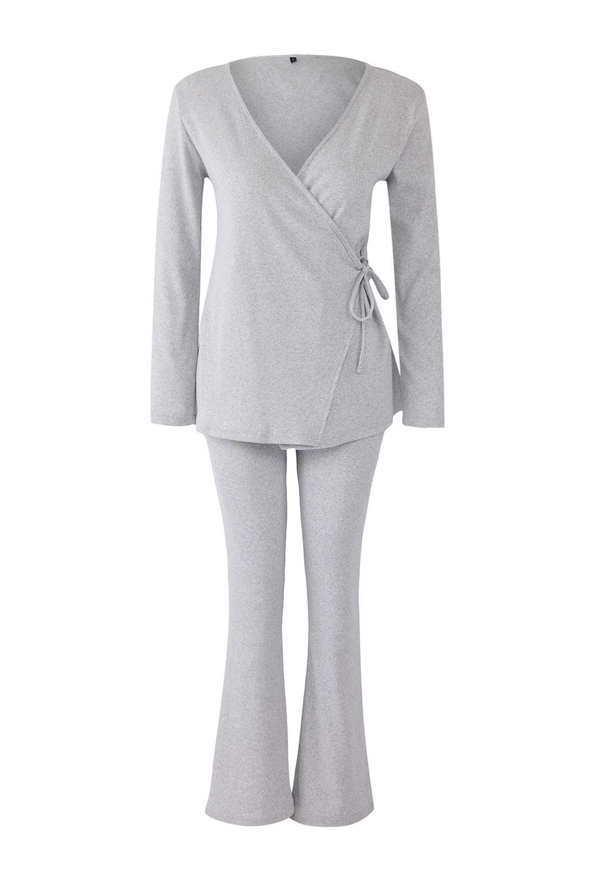 Trendyolmilla  Gri Melanj Bağlama Detaylı Kruvaze Fitilli Kimono Örme Pijama Takımı THMAW26PT00003 - Görsel 5