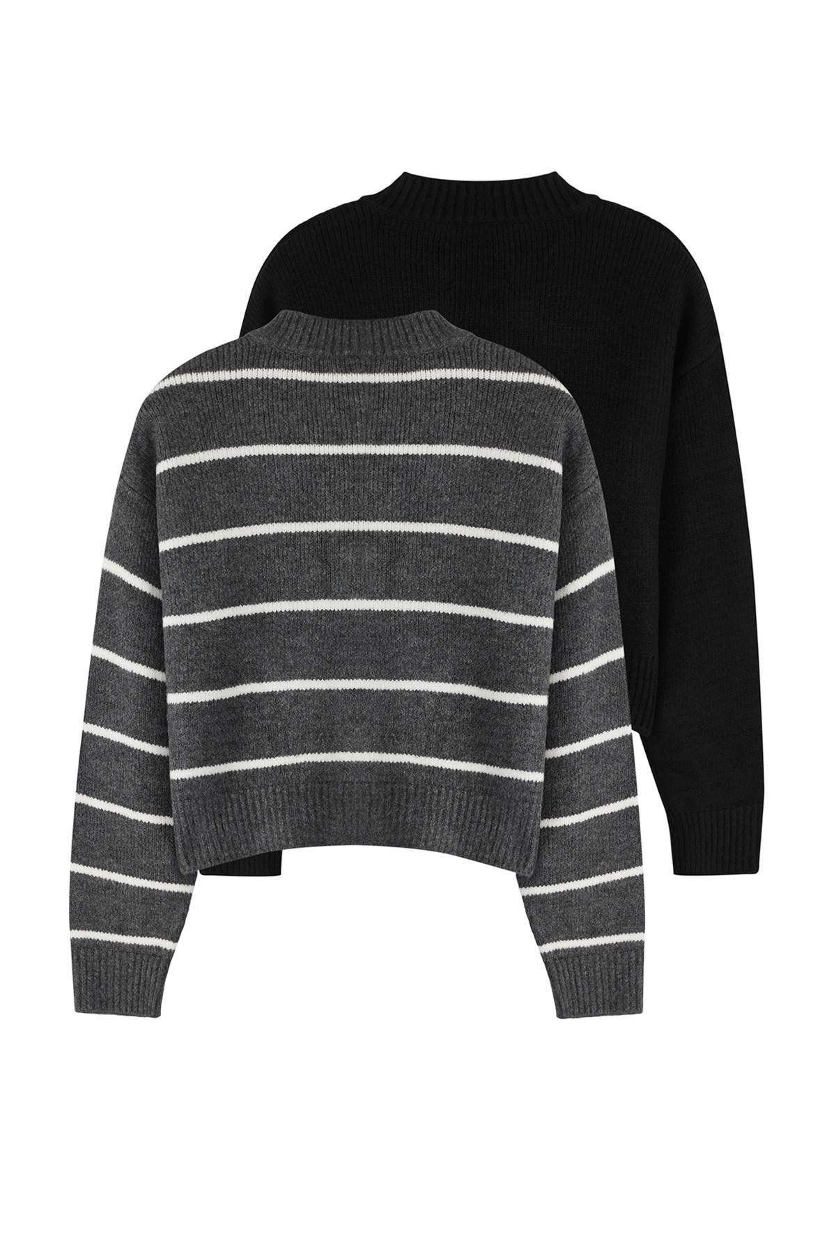 Trendyolmilla  Siyah-Antrasit Yumuşak Dokulu İkili Paket Bisiklet Yaka Triko Hırka TWOAW25HI00352 - Görsel 8