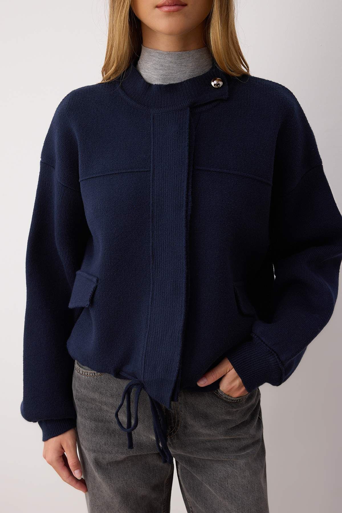 Trendyol Collection-Navy Blue Zippered Premium Yarn/Special Yarn Wide Fit Coat Look Knitwear Cardigan Twoaw26Hi00025 3