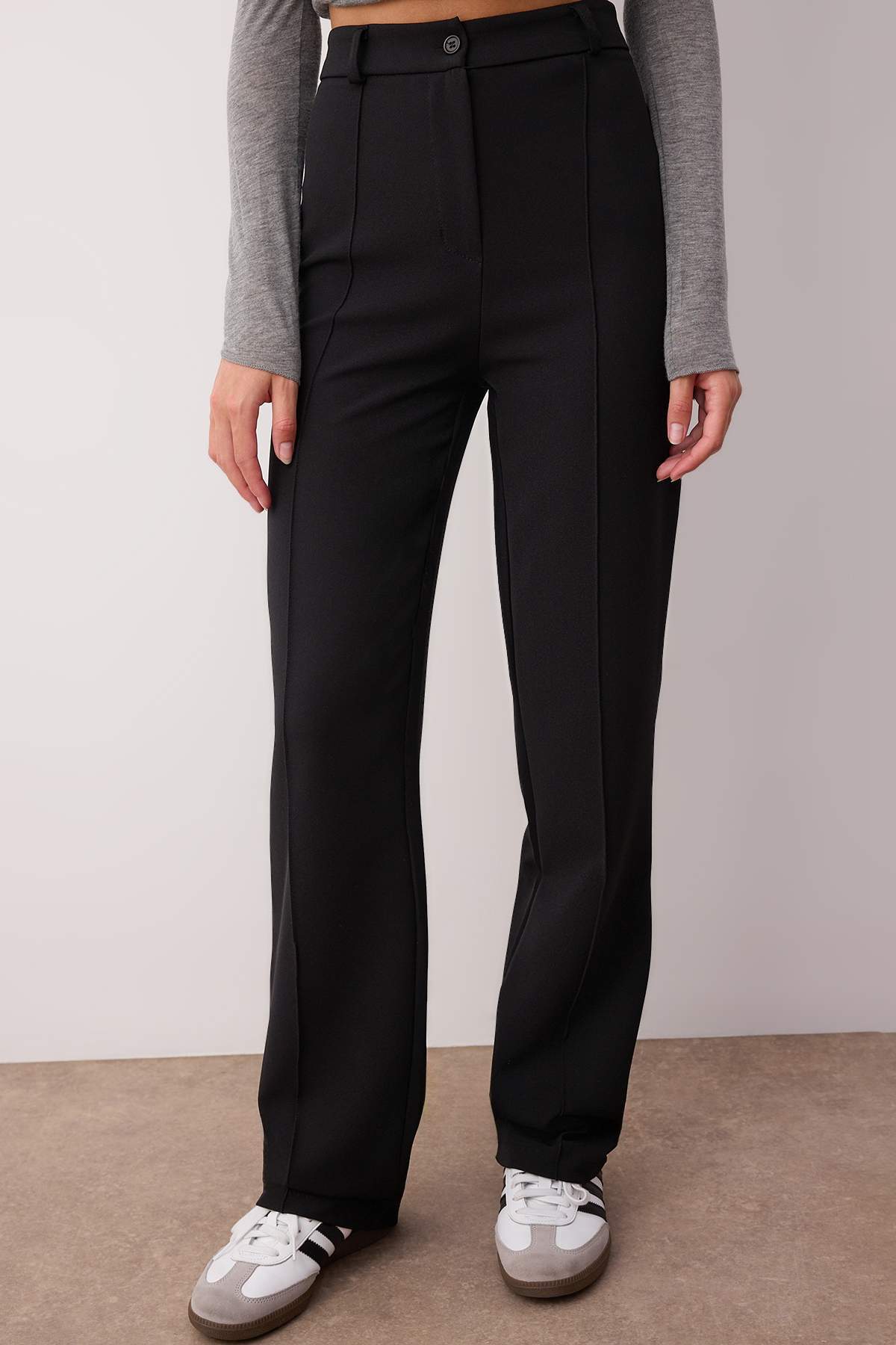Trendyolmilla  Siyah Kalın Esnek Kumaş Straight/Düz Kesim Yüksek Bel Nervür Dikişli Pantolon TWOAW26PL00027 - Görsel 3
