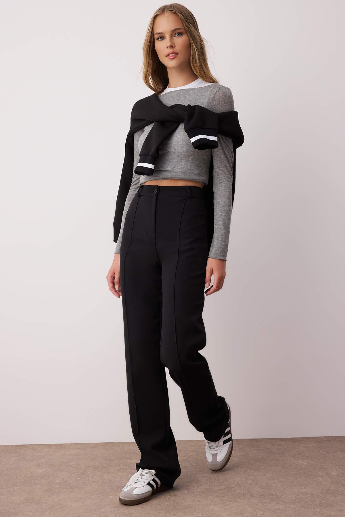 Trendyolmilla  Siyah Kalın Esnek Kumaş Straight/Düz Kesim Yüksek Bel Nervür Dikişli Pantolon TWOAW26PL00027 - Görsel 2