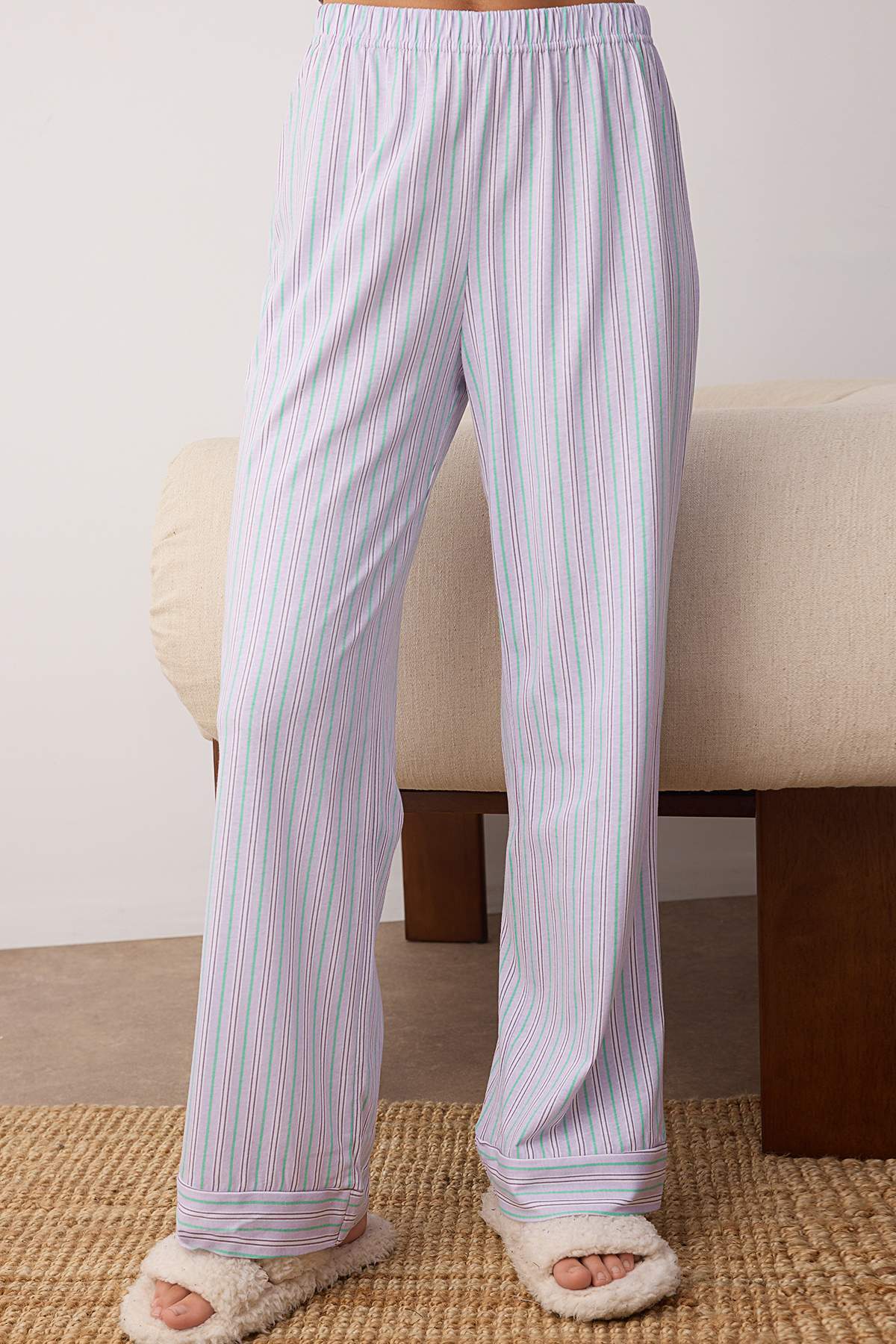 Trendyol Collection Lilac-Multicolored 100% Cotton Striped Shirt-Pants Knitted Pajamas Set Thmaw24Pt00144