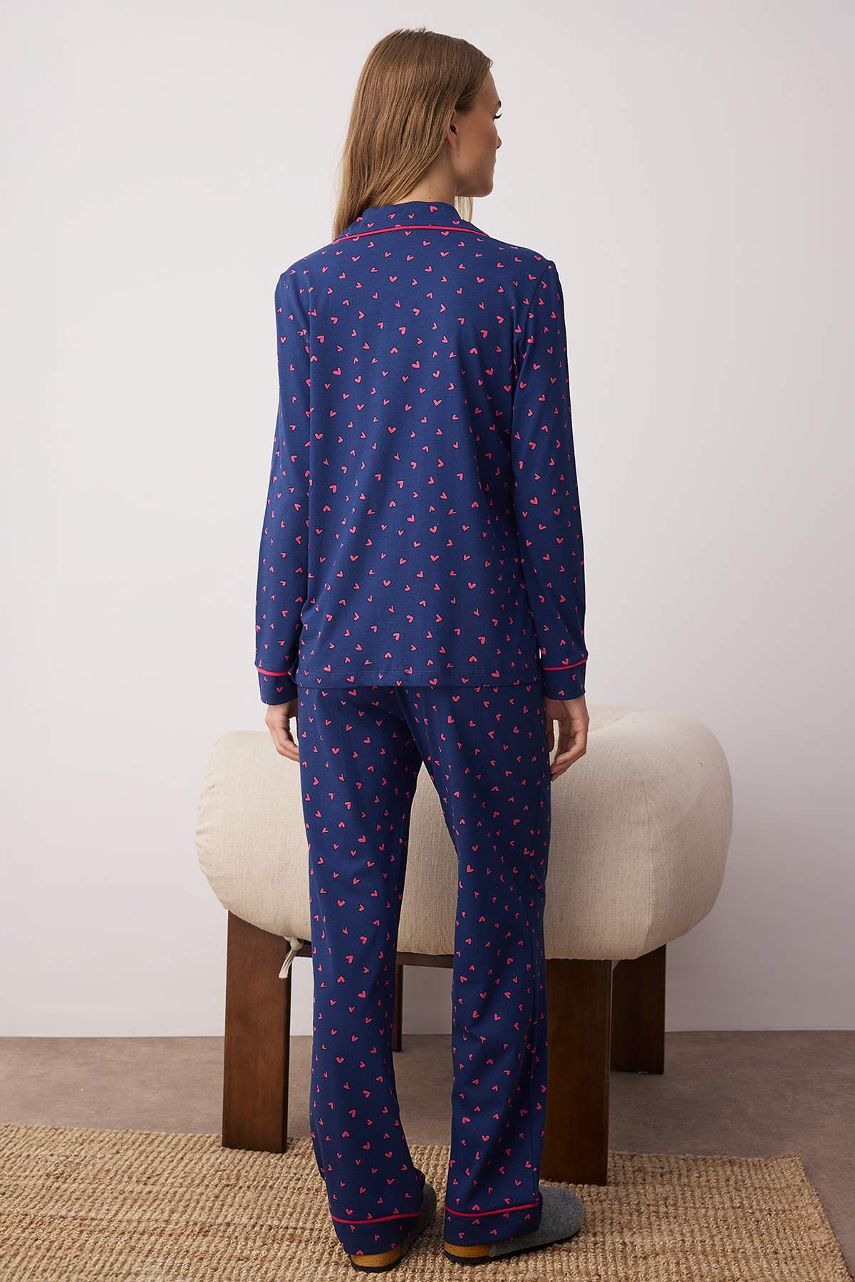 Trendyolmilla  Lacivert %100 Pamuklu Kalpli Biyeli Örme Pijama Takımı THMAW24PT00103 - Görsel 5