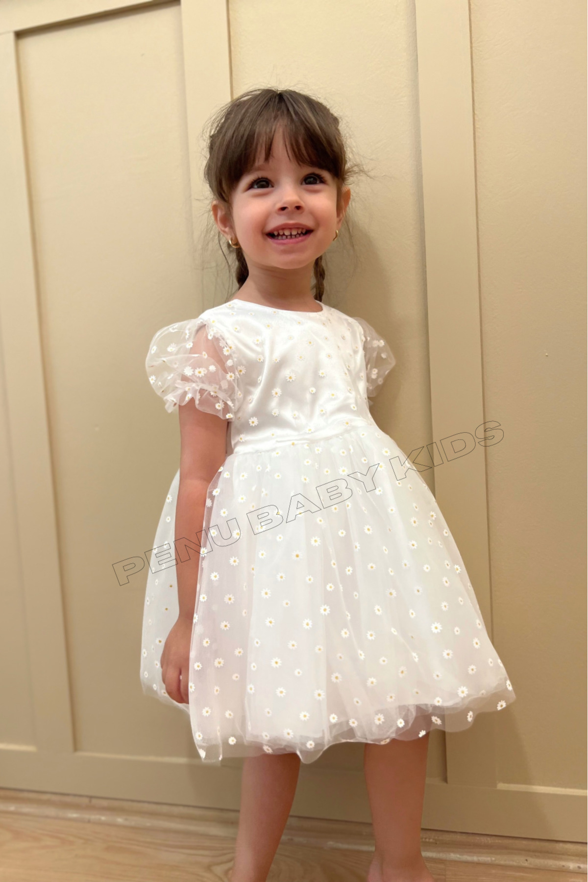 penu baby kids Beyaz Çiçek Desenli Tül Etekli Ve Kısa Tül Kol Kız Bebek & Kız Çocuk Elbise - Flower fotoğrafı 2 (önizleme)