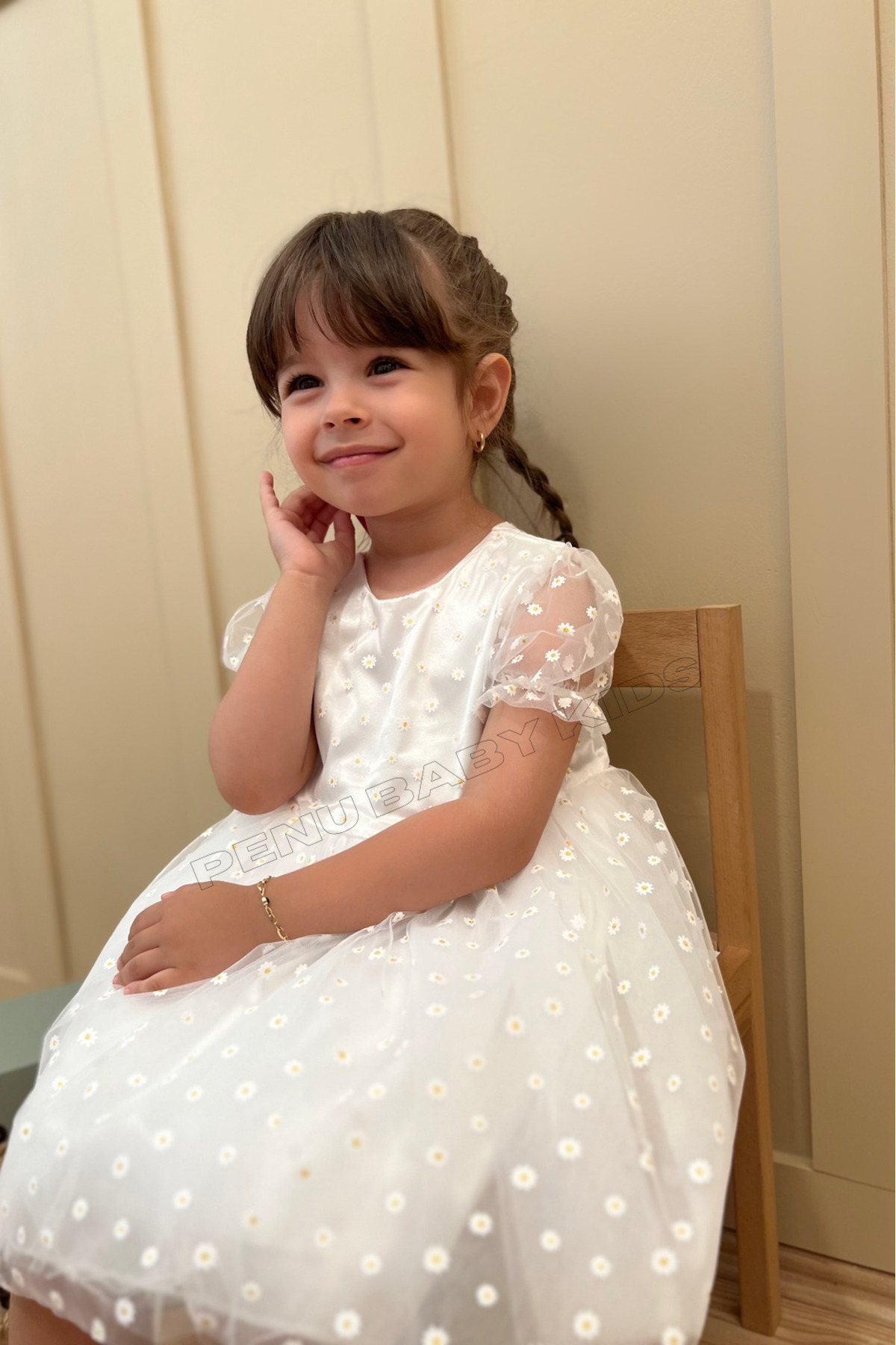 penu baby kids Beyaz Çiçek Desenli Tül Etekli Ve Kısa Tül Kol Kız Bebek & Kız Çocuk Elbise - Flower fotoğrafı 6 (önizleme)