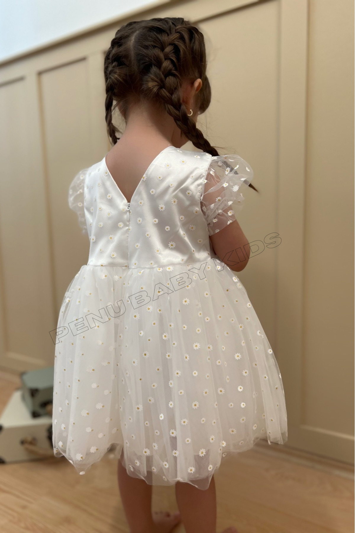 penu baby kids Beyaz Çiçek Desenli Tül Etekli Ve Kısa Tül Kol Kız Bebek & Kız Çocuk Elbise - Flower fotoğrafı 7 (önizleme)