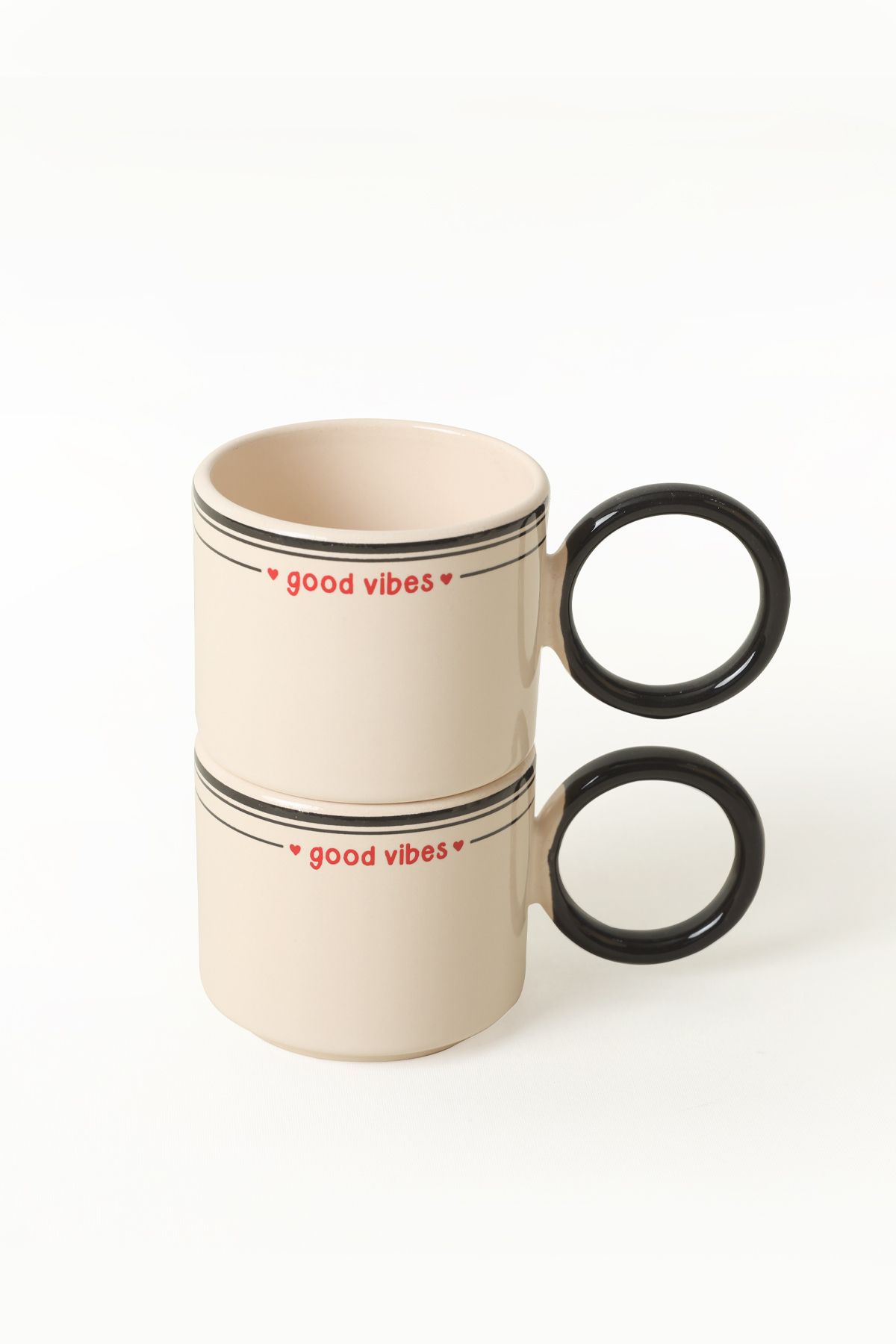 Keramika-Good Vibes Black Stackable Ring Cup with Handle 8 cm 2 Pieces 4