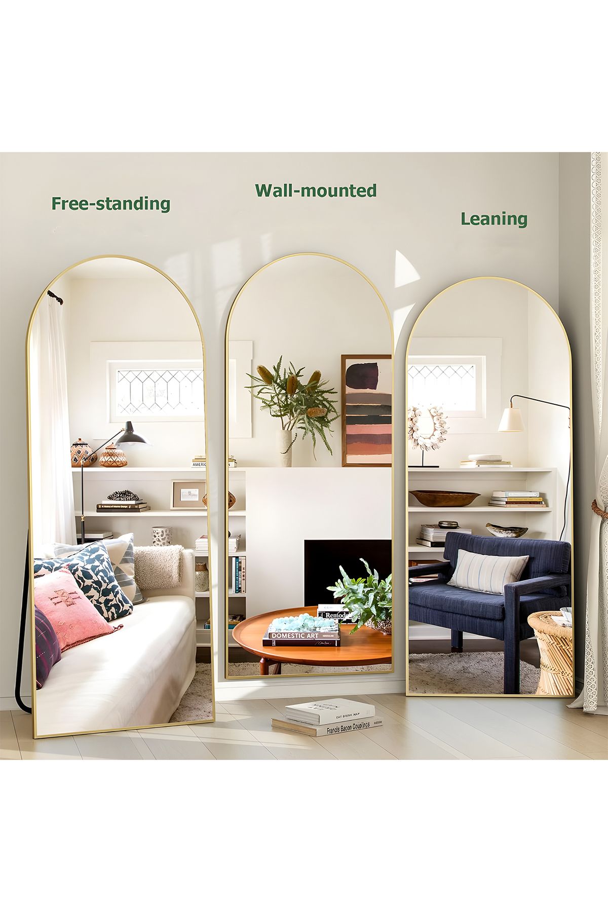 Taimi-مرآة كبيرة بتصميم أنيق، مقاس 150×50 سم، بإطار معدني ذهبي وحامل خلفي 7