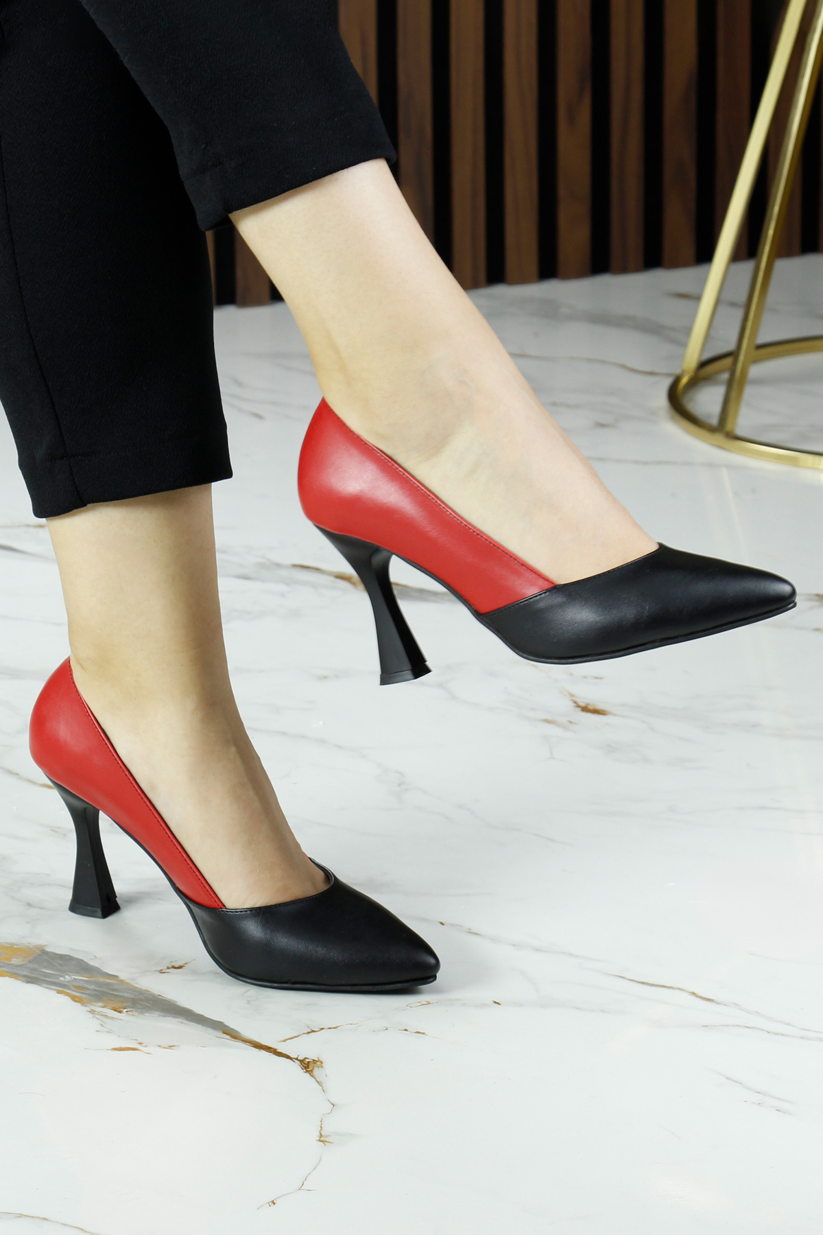 Luiza Black Red Color Block Pointed Toe Glass Heels Classic Shoes