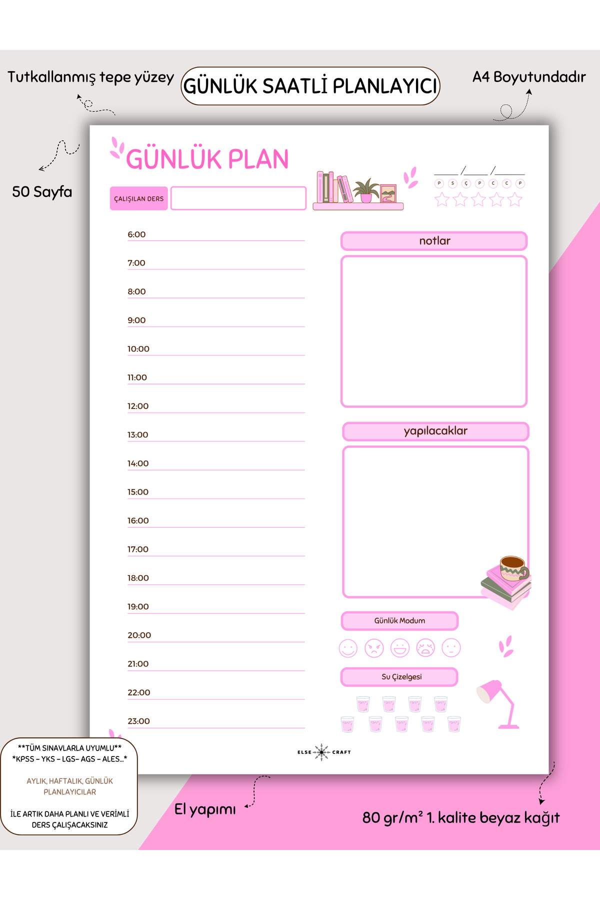 Else Craft Günlük Saatli Planlayıcı - A4 - Dikey - Ders Çalışma Planlayıcısı Notepad - Pembe No 3.03