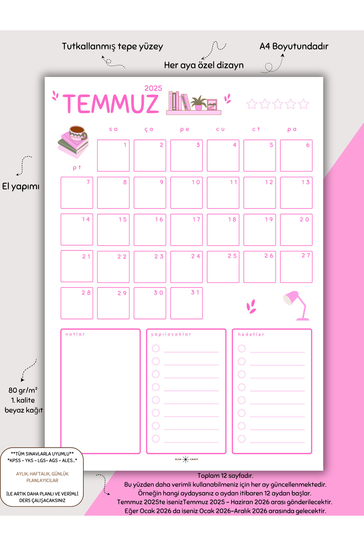 Else Craft Aylık Planlayıcı - A4 - Dikey - Ders Çalışma Planlayıcısı 12 Yaprak Notepad - Pembe No 3.01