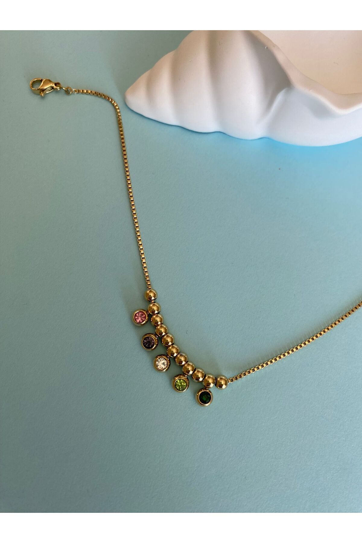 marsel aksesuar-Colorful Five Stone Round Gold Steel Anklet 8