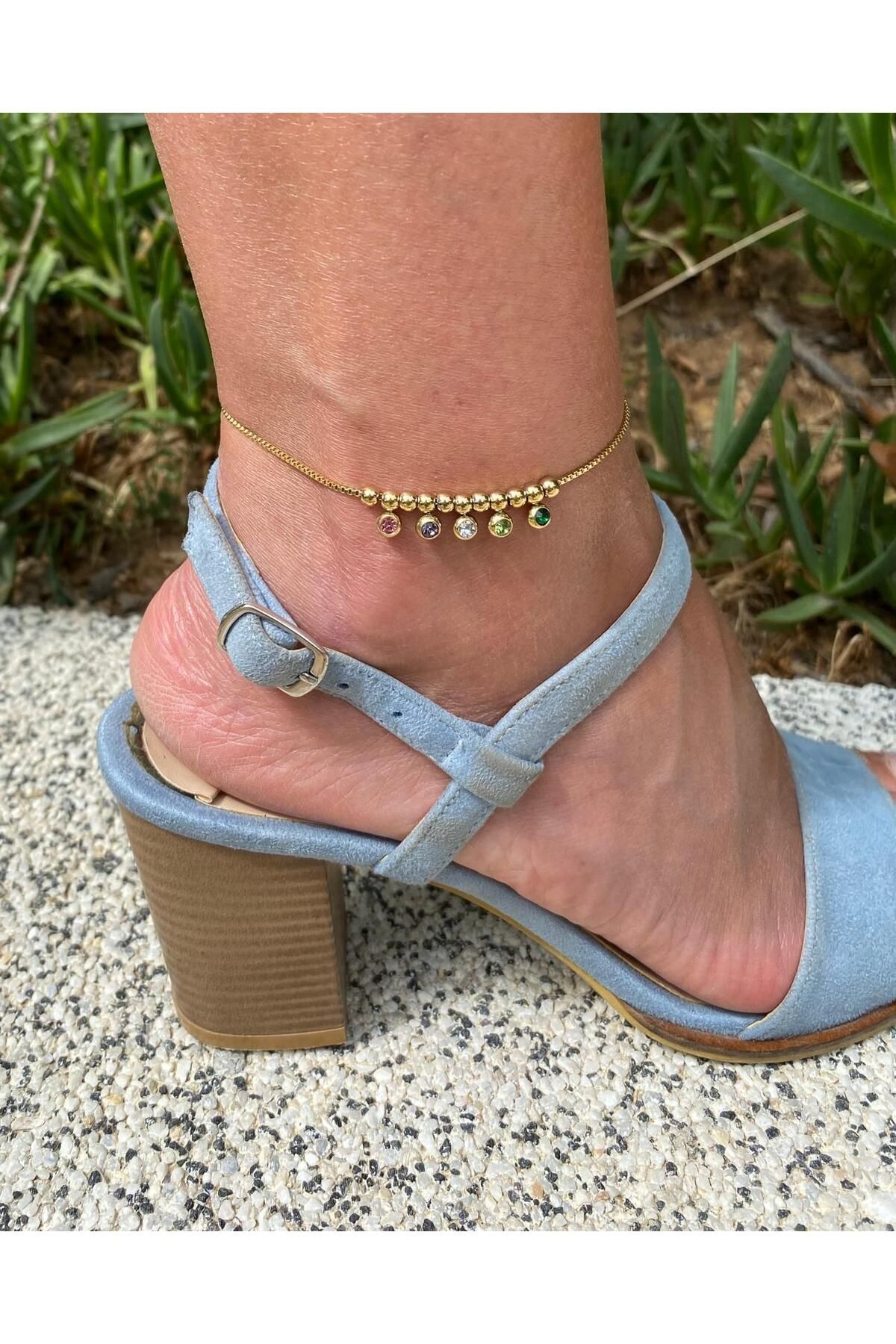 marsel aksesuar-Colorful Five Stone Round Gold Steel Anklet 4