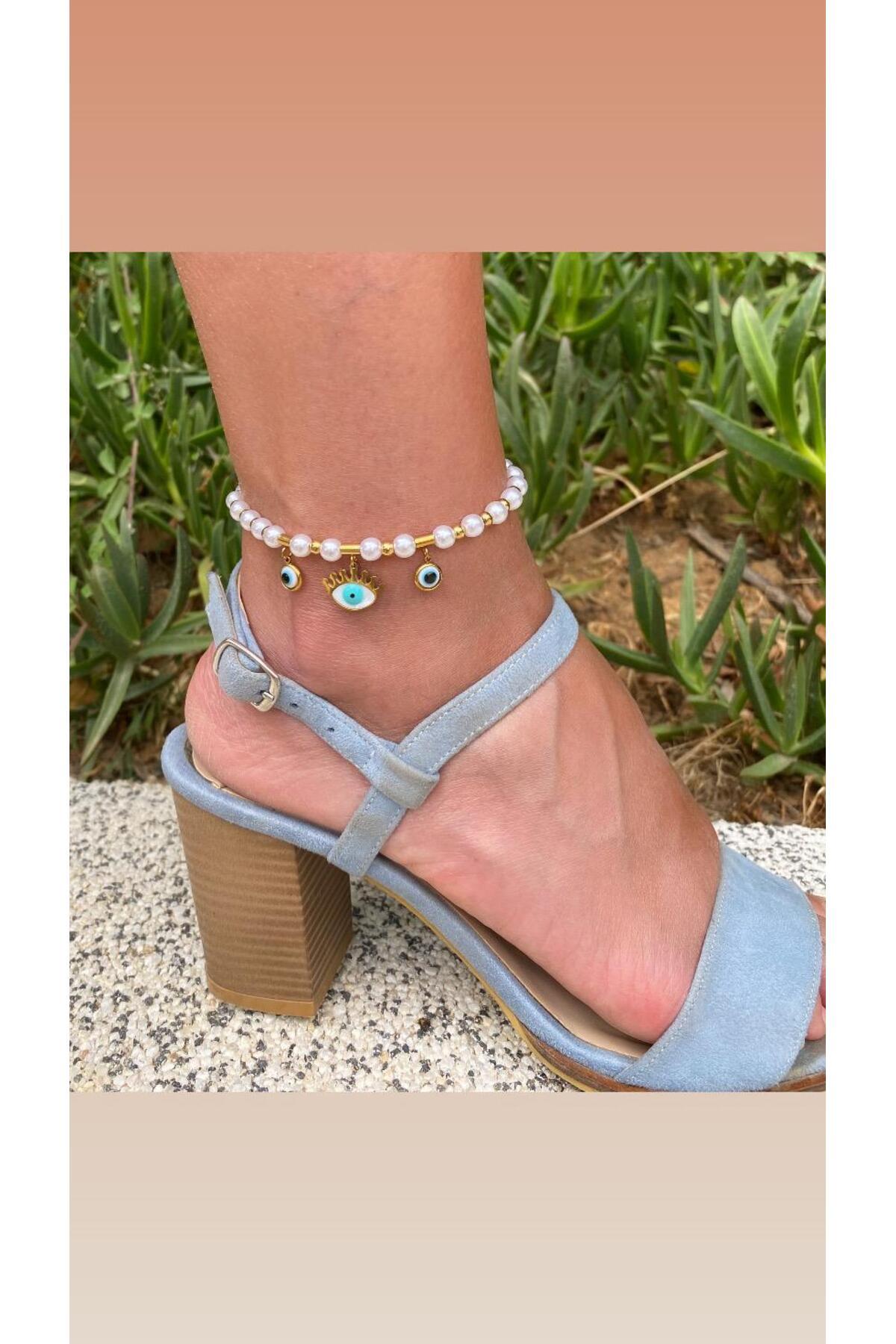 marsel aksesuar-Steel Anklet with Pearl Evil Eye and Eye Figure 8