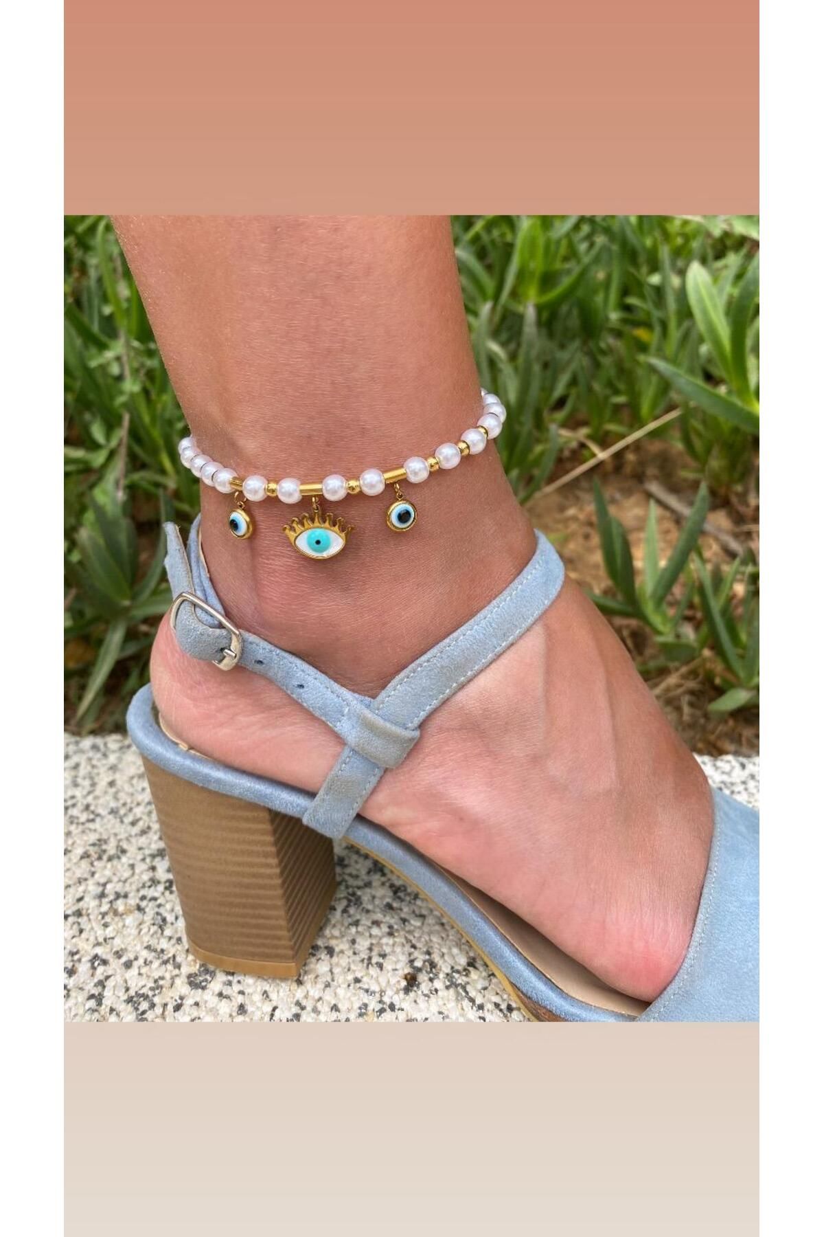 marsel aksesuar-Steel Anklet with Pearl Evil Eye and Eye Figure 4