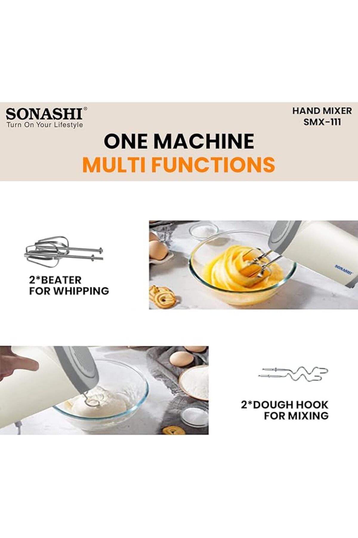 sonashi-Hand Mixer with 5 Speeds, Turbo Switch | 2 Beaters for Eggs & Creams | 2 Hooks for Mixing Dough | Pe 4
