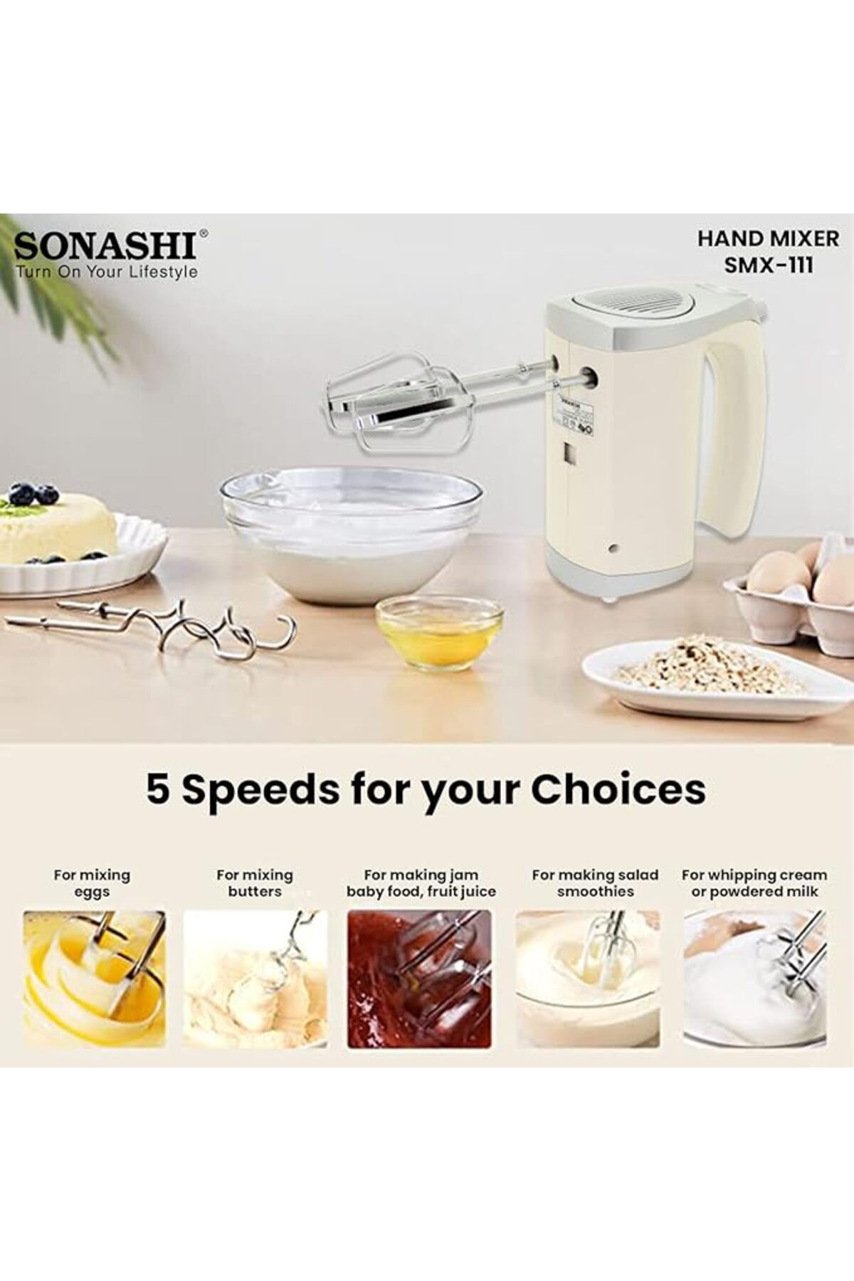 sonashi-Hand Mixer with 5 Speeds, Turbo Switch | 2 Beaters for Eggs & Creams | 2 Hooks for Mixing Dough | Pe 5
