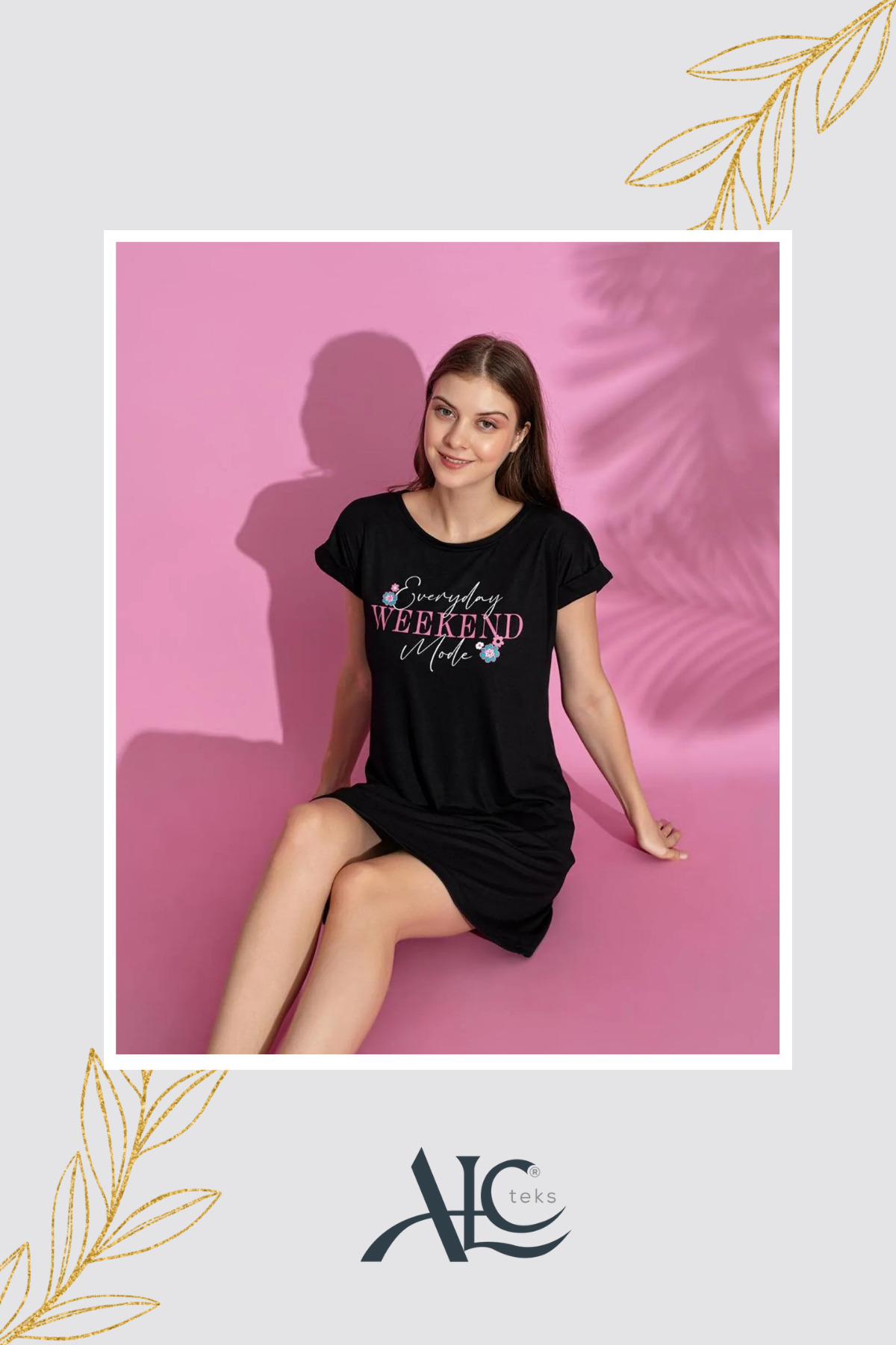 Alcteks KADIN GECELİK Nefes Alan Kısa Kollu Pamuk Dokulu, Siyah Desen