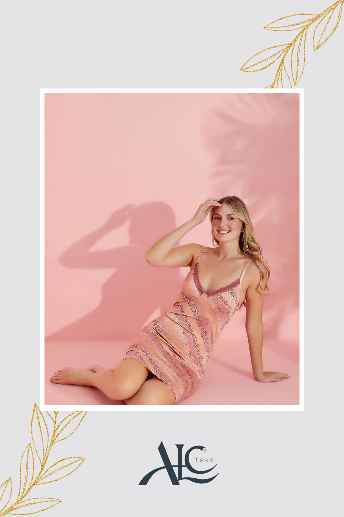 Alcteks KADIN GECELİK Yazlık Pamuklu Pudra Rengi – Askılı, Zarif Yaprak Deseni, V Yaka