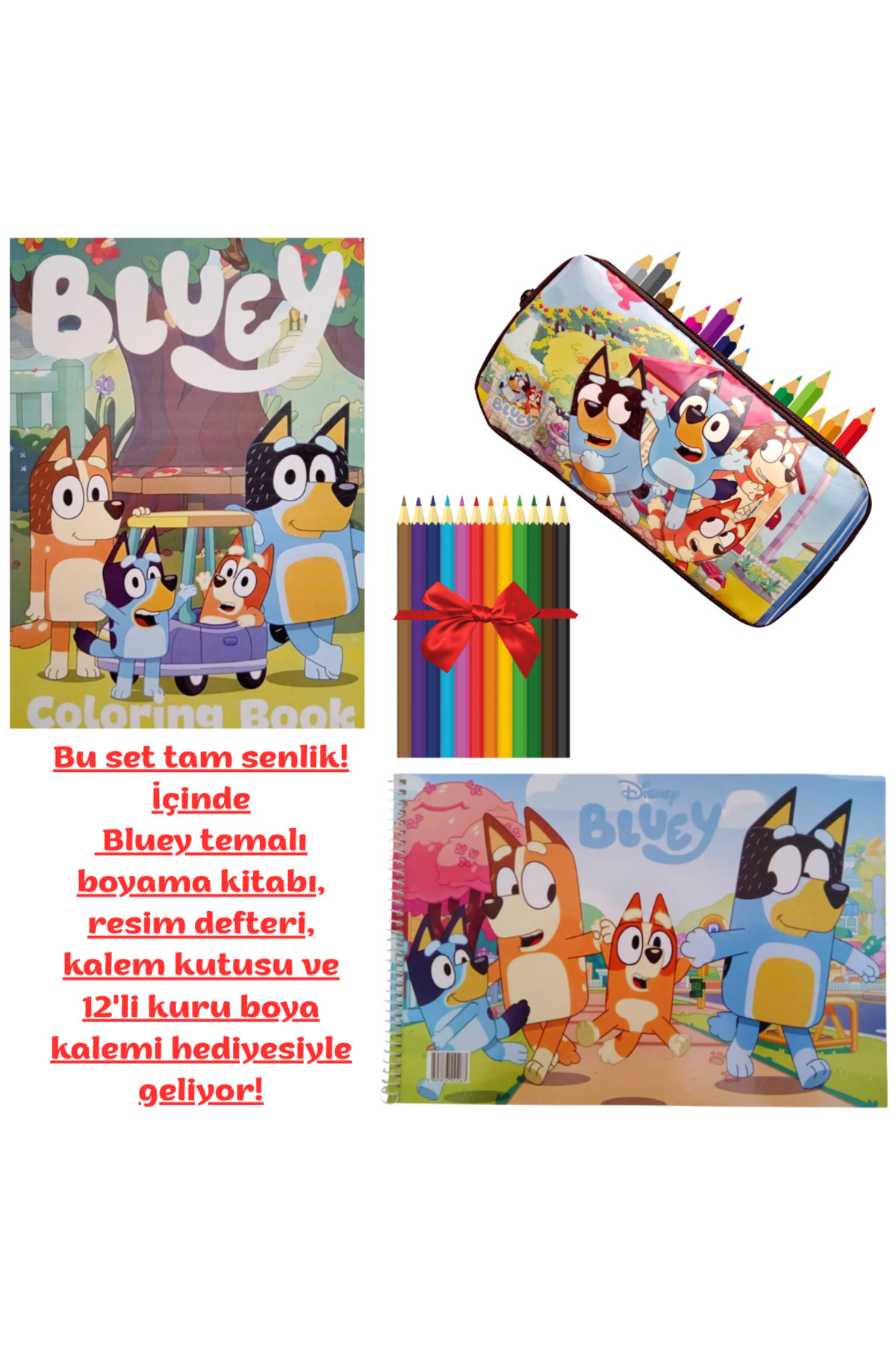booddie Bluey Boyama Kitabı Stickerlı,Bluey Resim Defteri, Bluey Kalem kutusu & 12' li Kuru Boya Kalemi Seti