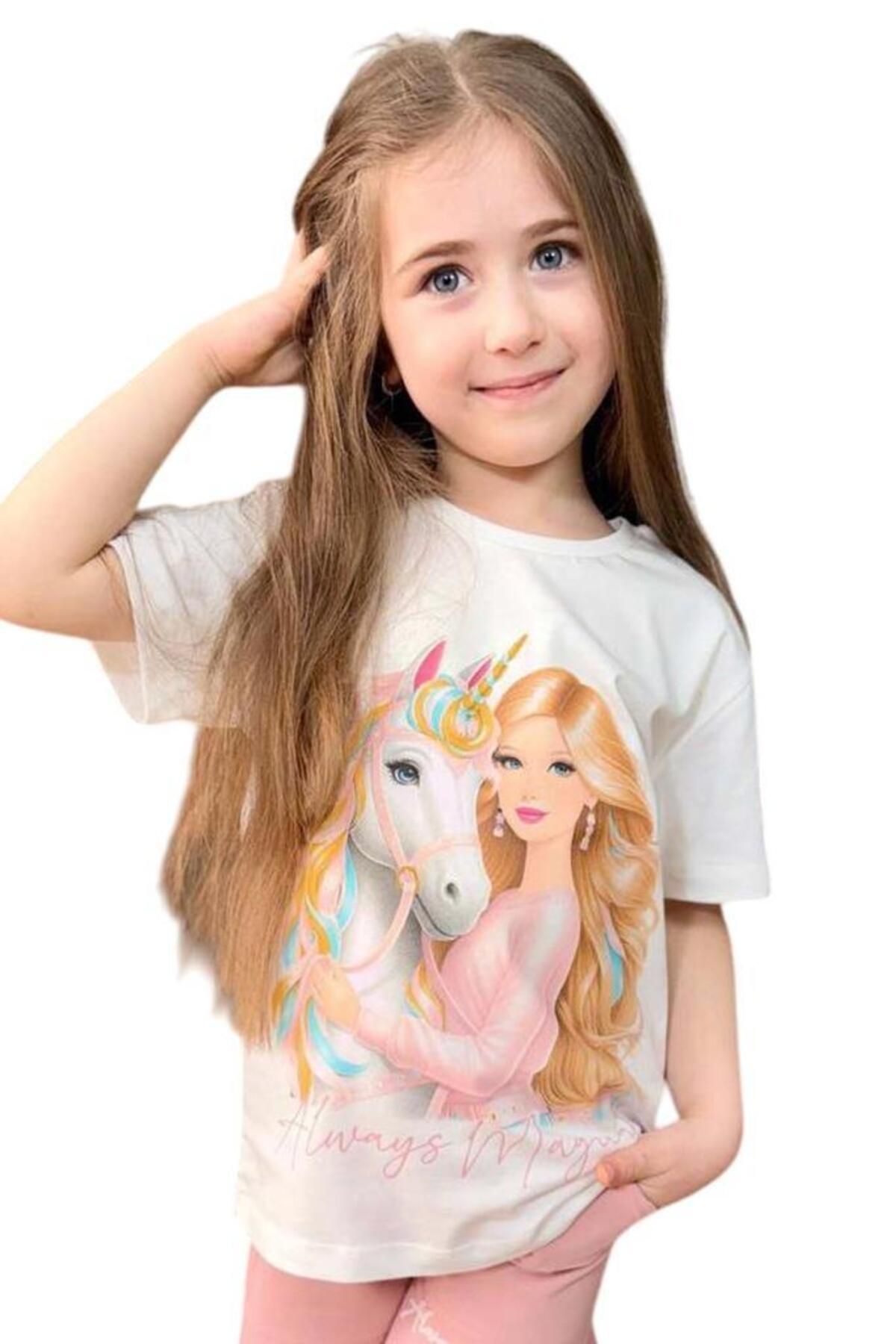 Riccotarz-Girl's Digital Baby and Horse Printed Combed Cotton T-Shirt Powder Shorts Set 5