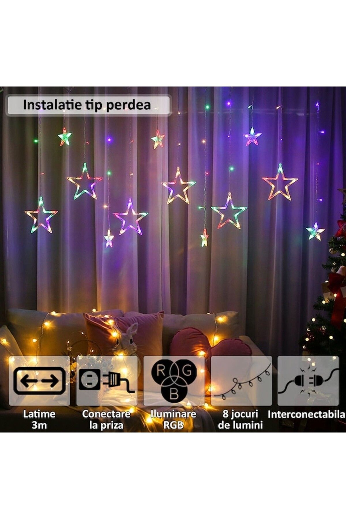 NEXTLY-Instalatie De Craciun Tip Perdea , Interconectabila, Lumini Led Rgb, 8 Jocuri De Lumini, 3 2