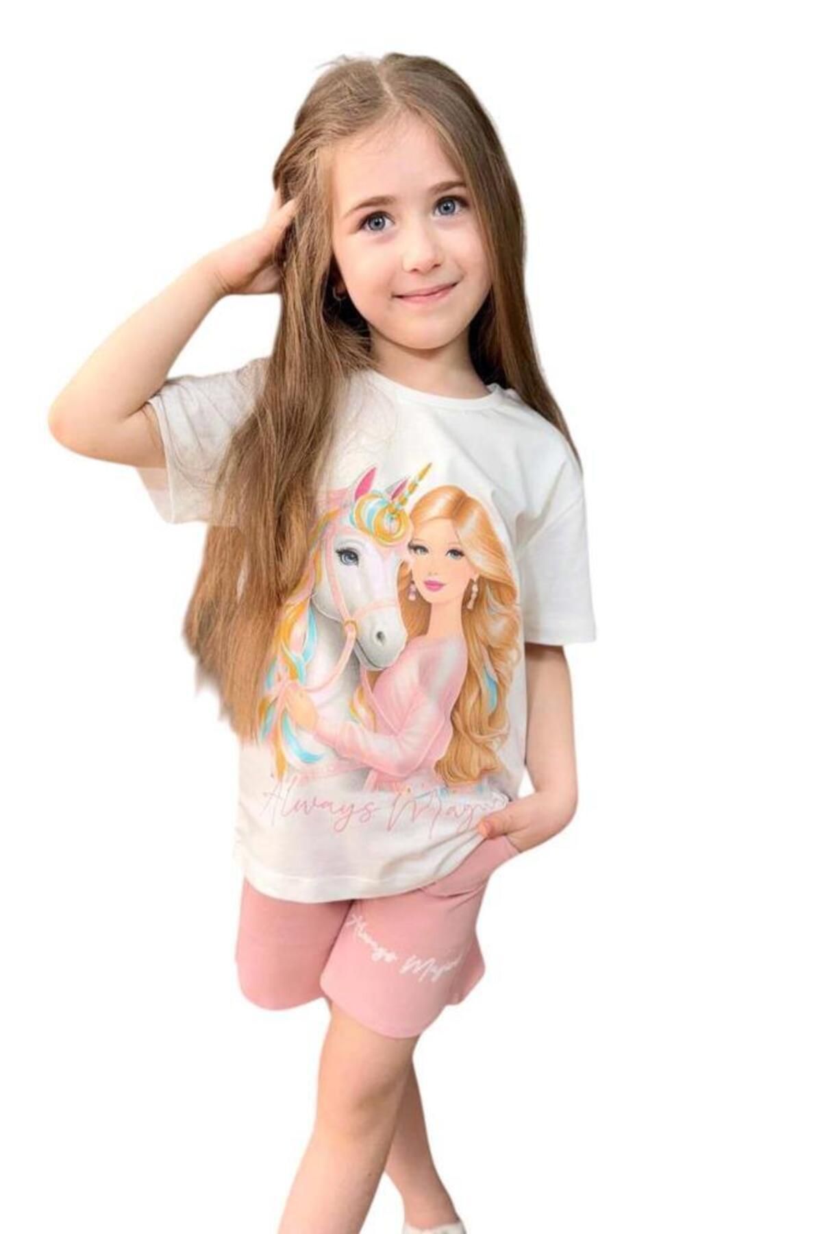 Riccotarz-Girl's Digital Baby and Horse Printed Combed Cotton T-Shirt Powder Shorts Set 4