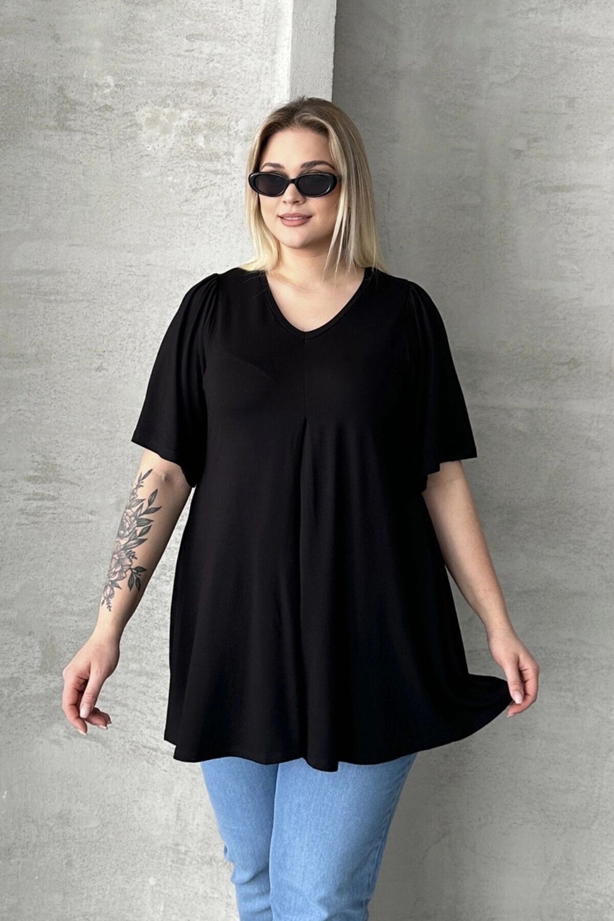 Stil Diva-Plus Size Double Pack V Neck Patternless Asymmetric Cut Lycra Blouse 320315X2 3