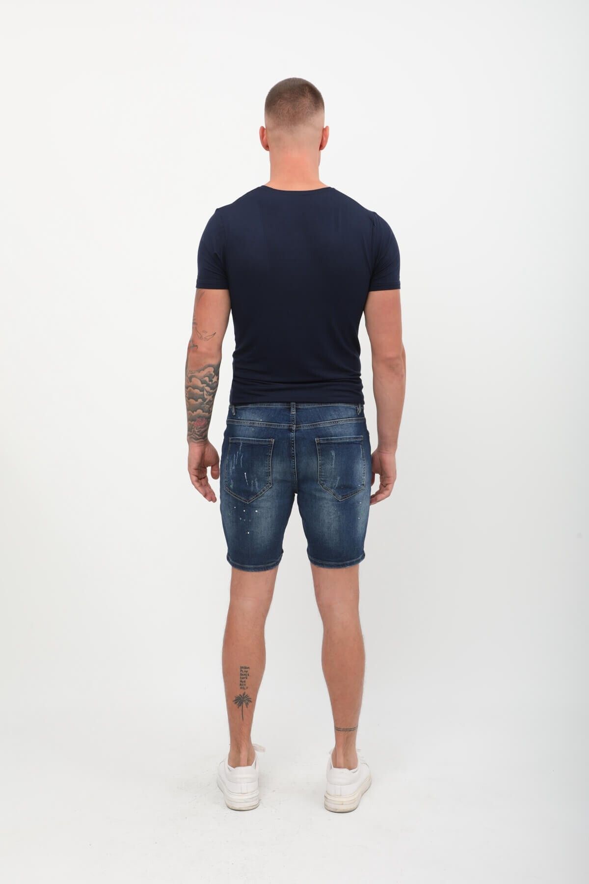 Bluewhite-Pantaloni scurți de jeans cu plasture pentru bărbați, albastru închis 4
