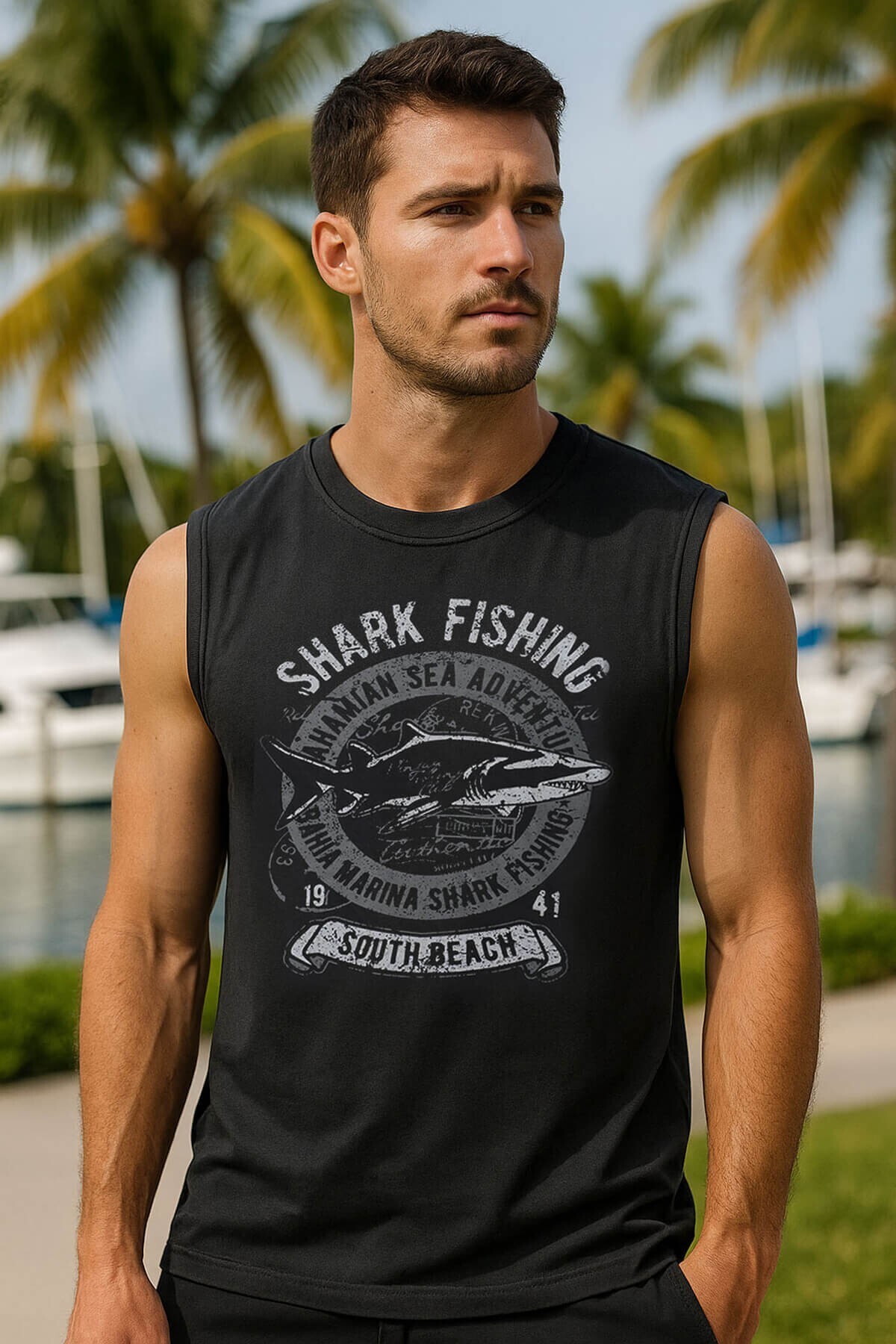 Men's 100% Cotton Crew Neck Shark Printed Sleeveless T-shirt
