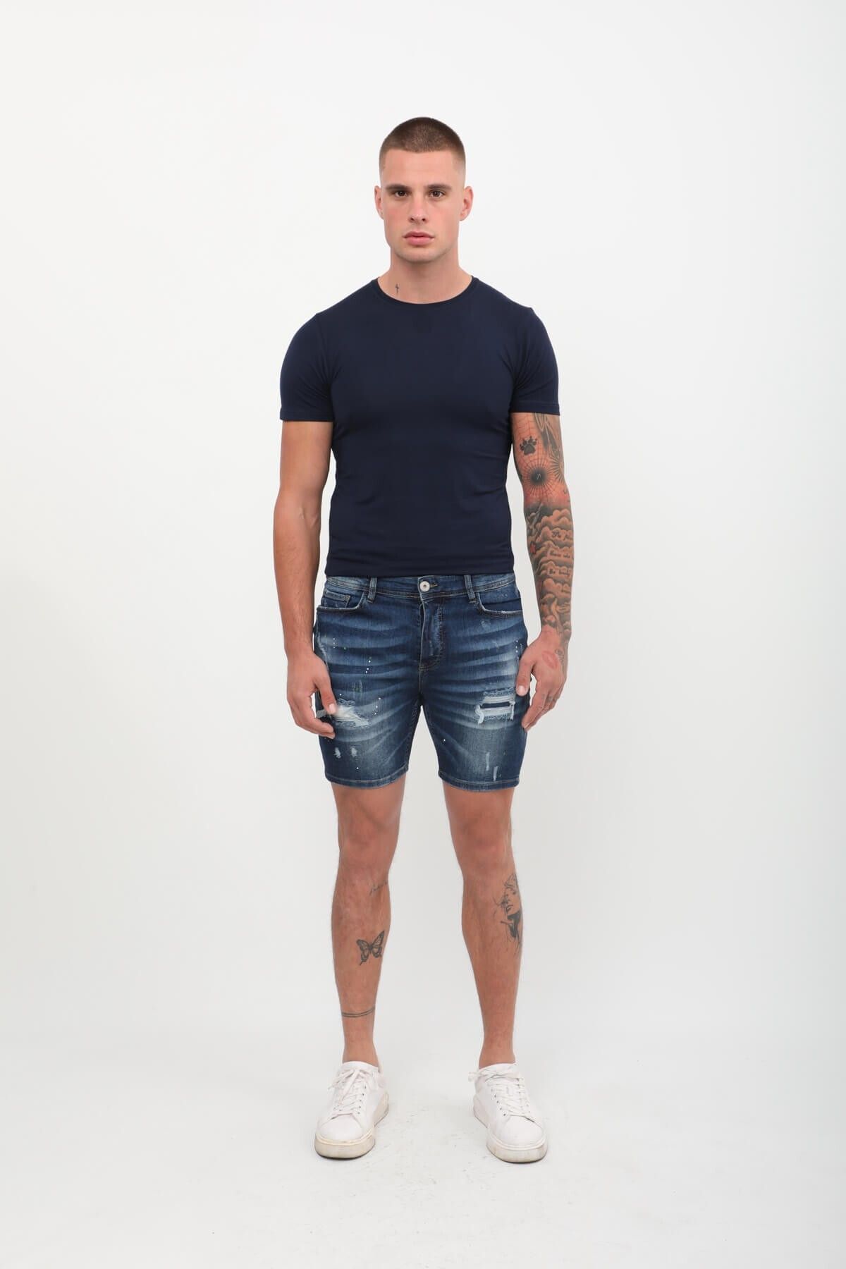 Bluewhite-Pantaloni scurți de jeans cu plasture pentru bărbați, albastru închis 3