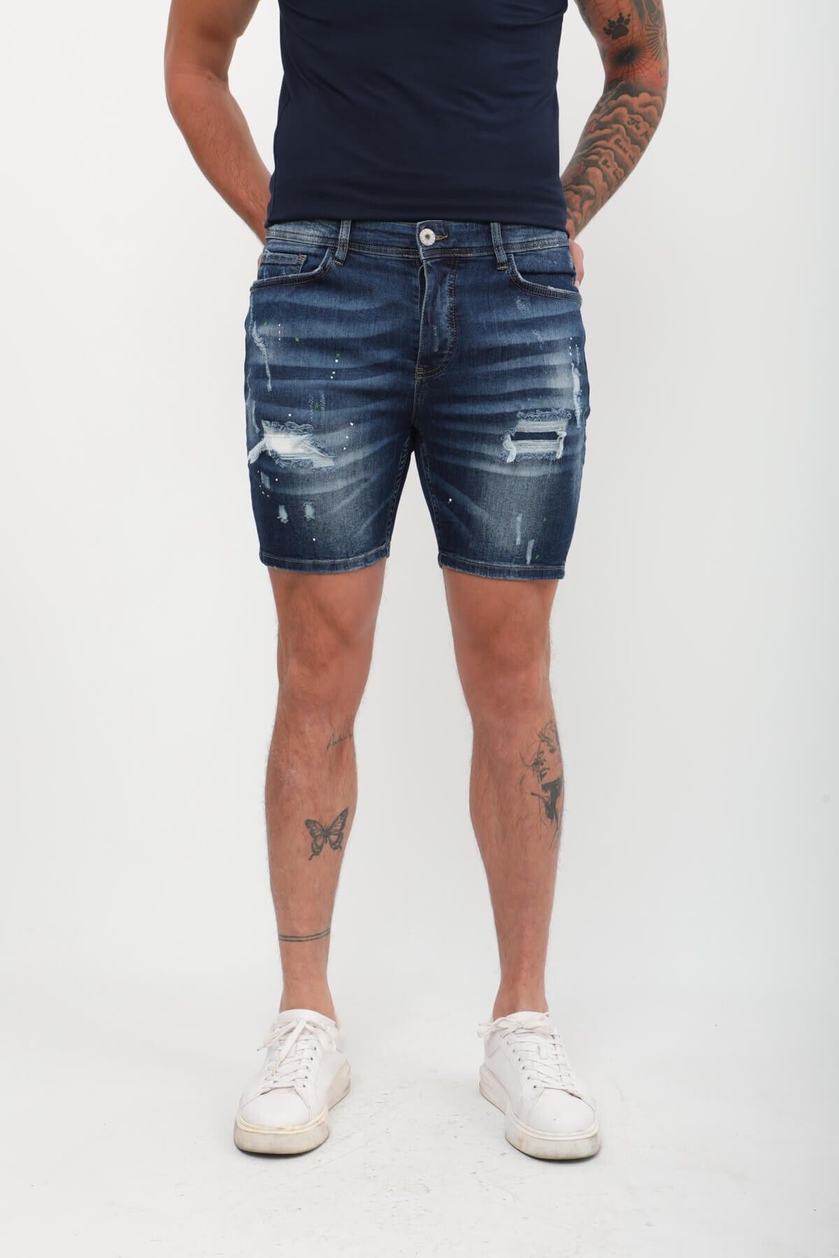 Bluewhite-Pantaloni scurți de jeans cu plasture pentru bărbați, albastru închis 5
