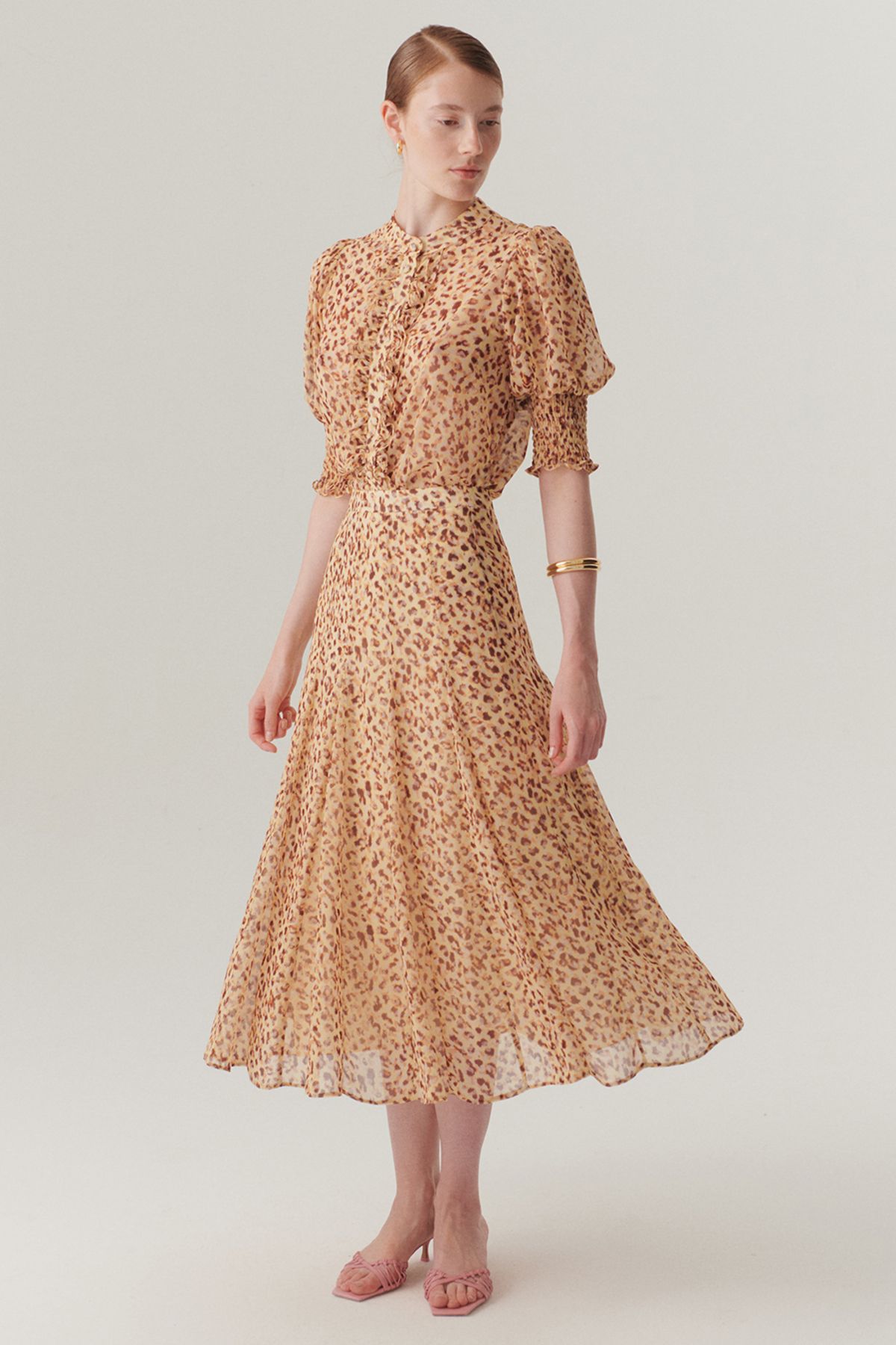 Exquise-Midi Length Chiffon Skirt with Flared Pattern at the Waist 5