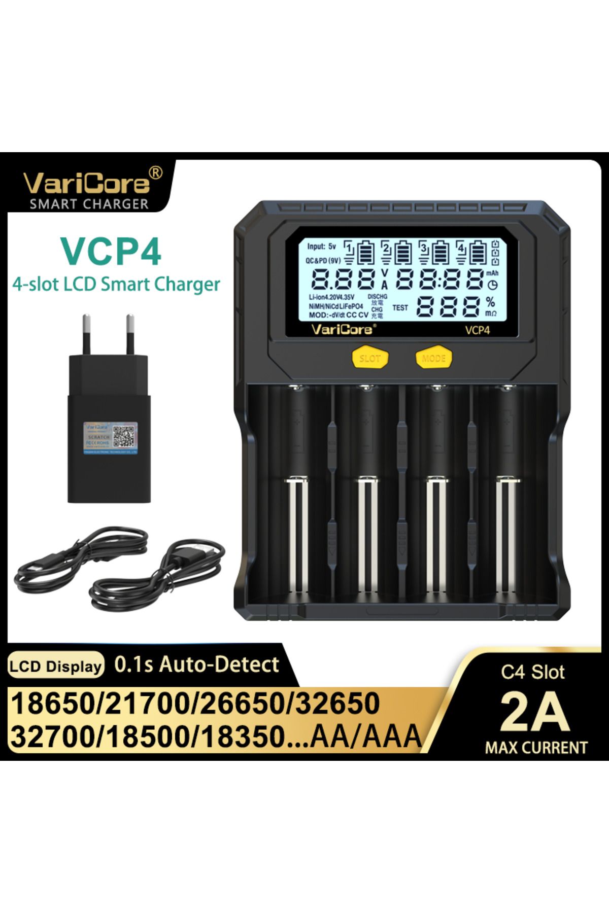 liitokala-1 Varicore Vcp4 Vcr4 Lcd Smart Charger 18650/21700/26650 Li-ion 3.7v Lifepo4 3.2v Nimh/cd 1.2v Aa A. 4