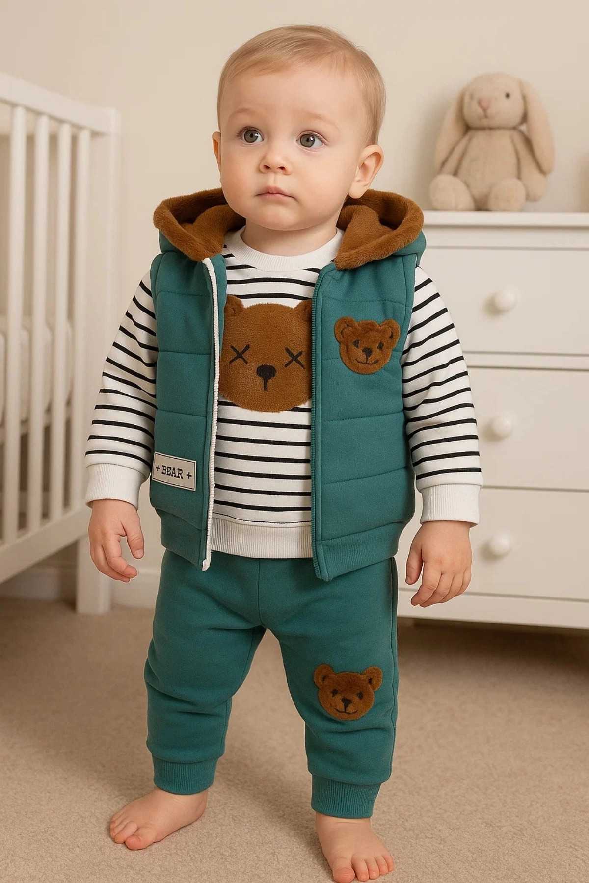 Babydonat Peluş Ayıcık Desenli Kapişonlu 3'lü Erkek Bebek Takımı fotoğrafı 6 (önizleme)