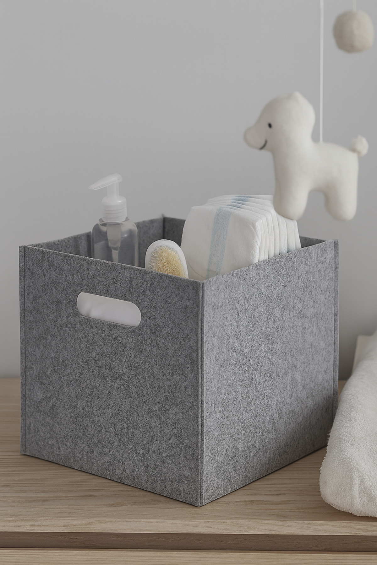 YUNUSOĞLU HOME-Gray Felt Cube Organizer - Toy Box with Handle 5