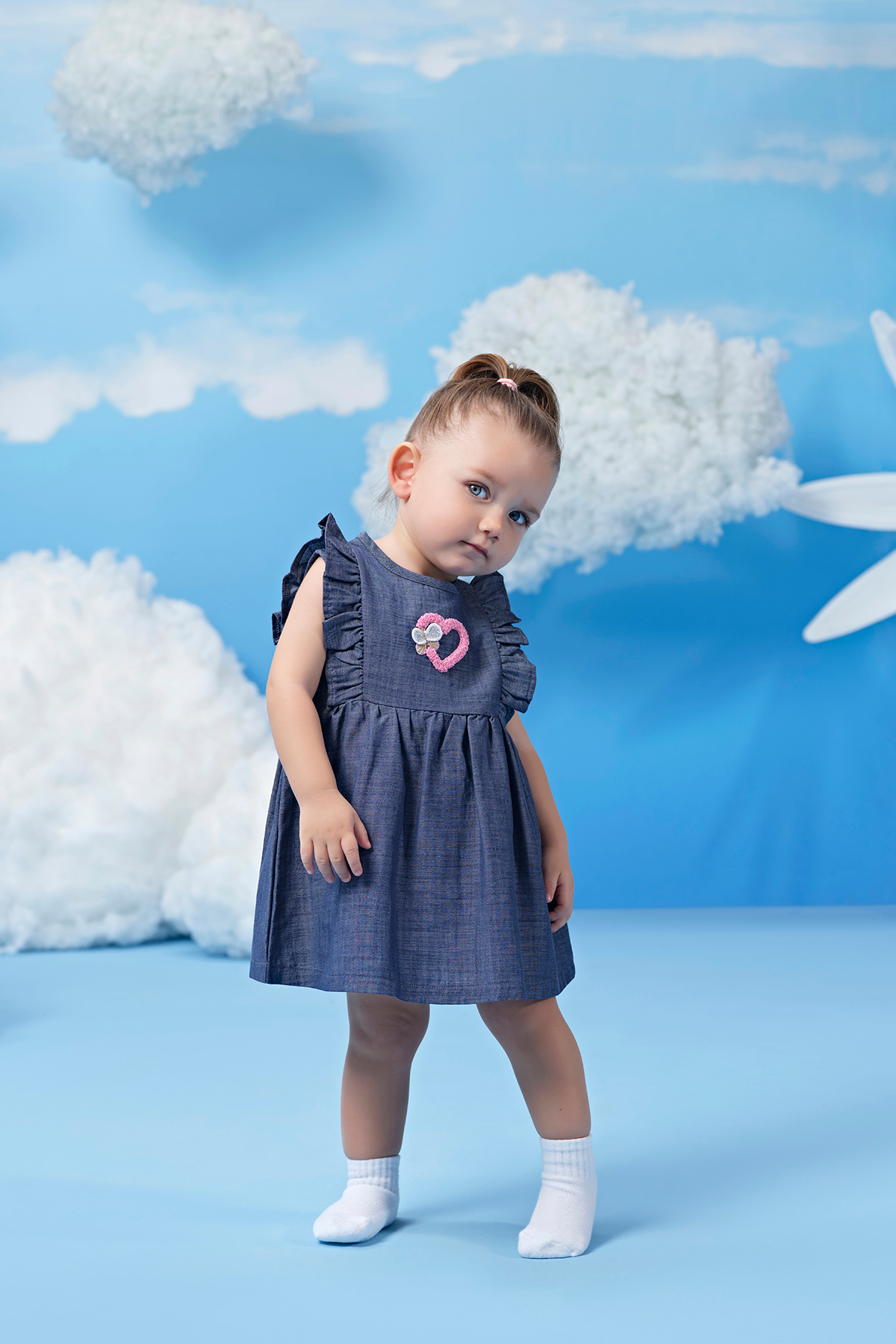 Miny Center Kolları Fırfırlı Kalp Desenli Kız Bebek Elbise