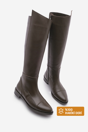 Marjin Kadın Hakiki Deri Günlük Çizme Dizaltı Fermuarlı Klasik Çizme Anis Kahve
