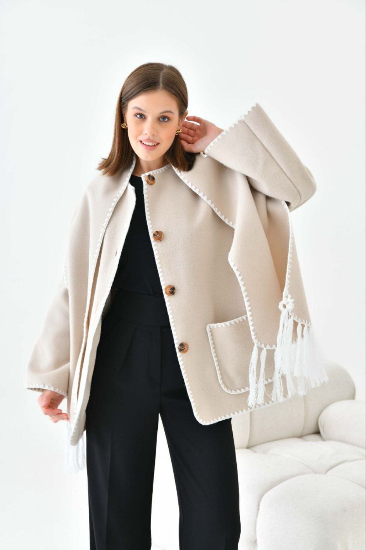ELİSA-Bestickter Schal mit weichem Stempelmuster - Jacke Creme 3