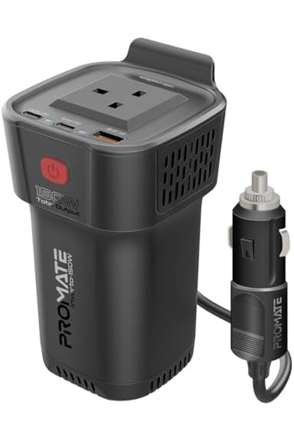 Promate-محول طاقة للسيارة 4 في 1 من تيار مستمر إلى تيار متردد بمقبس 150 وات، ومنفذي PD 30 وات USB-C، وQC 18 وات USB-A، ومصدر طاقة LED 2