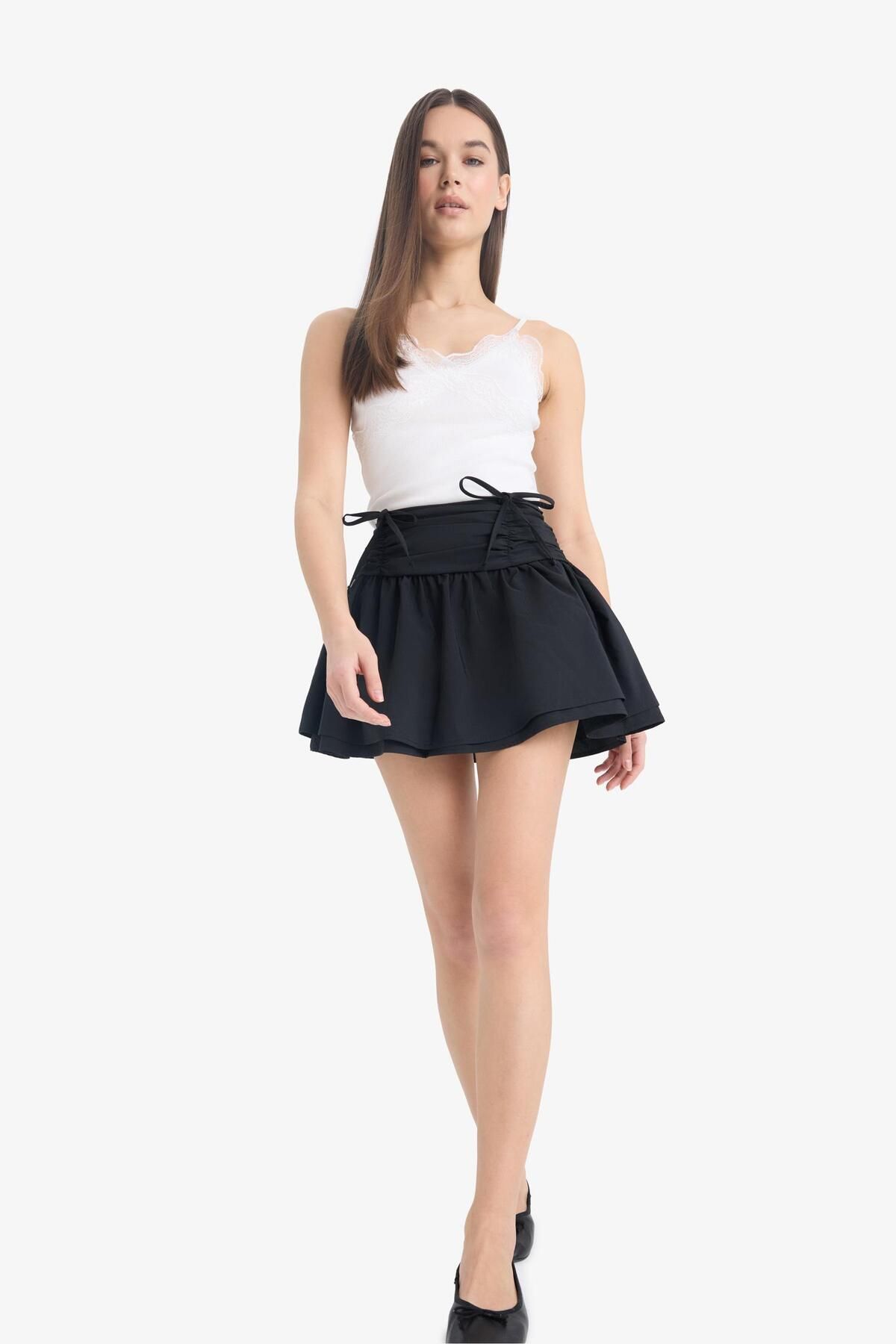 DeFacto-Coool A-Linie Minirock aus gekämmter Baumwolle mit normaler Taille und Popeline-Futter E7588ax25sp 3